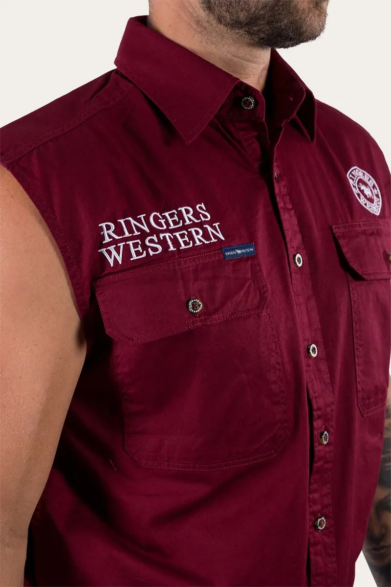 Hawkeye Mens Sleeveless Work Shirt - Burgundy/White