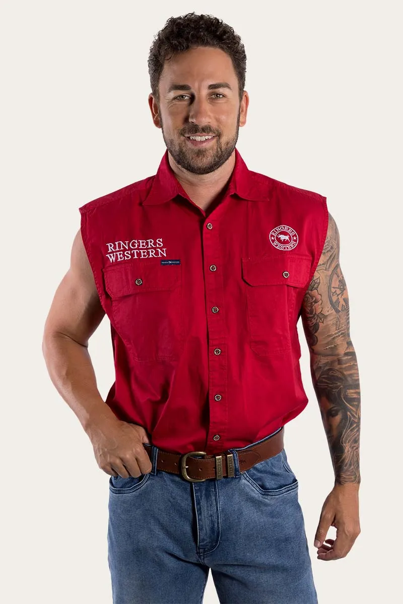 Hawkeye Mens Sleeveless Work Shirt - Dark Red/White