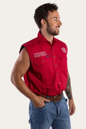 Hawkeye Mens Sleeveless Work Shirt - Dark Red/White