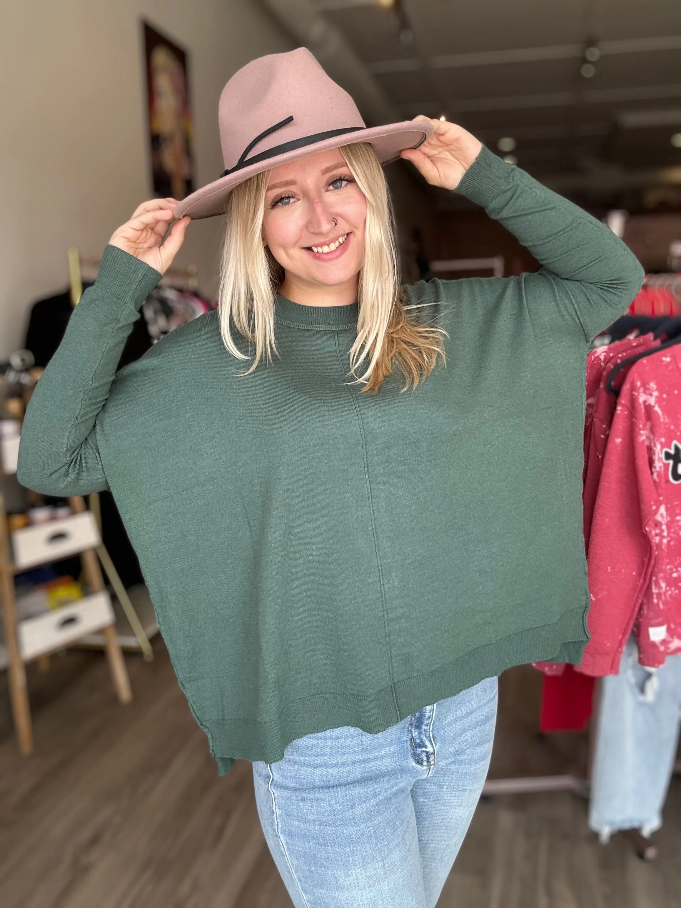 Juniper Green Round Neck Seam Sweater