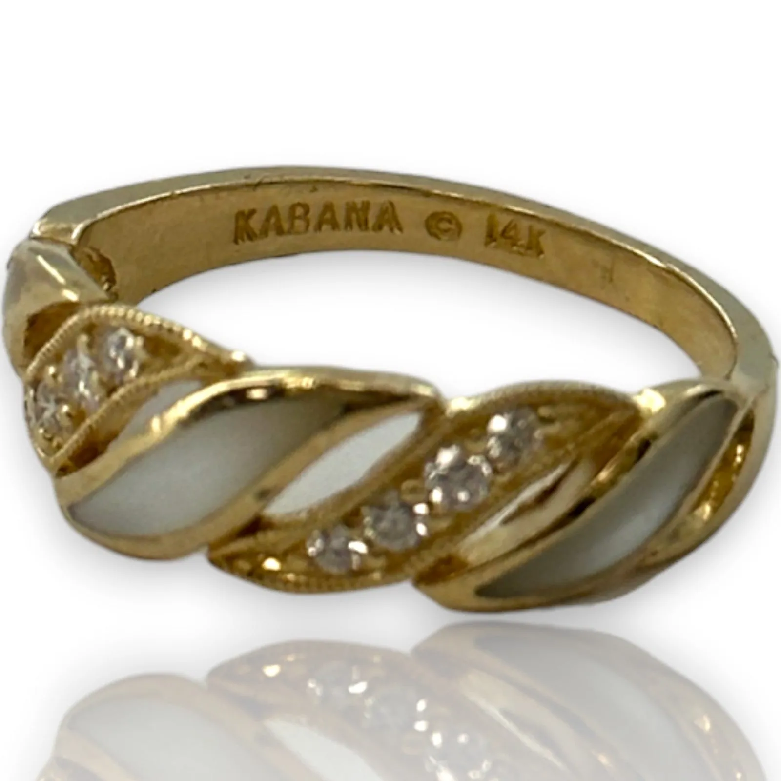 KABANA Mother of Pearl and White Diamond Wavy 6.5mm Band Fashion Ring Size 5 Solid 14kt Yellow Gold