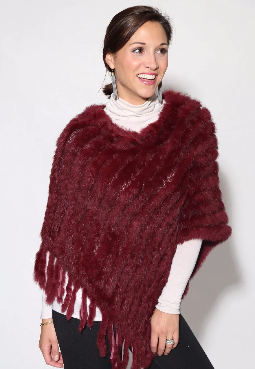 Knitted Rabbit Fur Poncho with Fringe