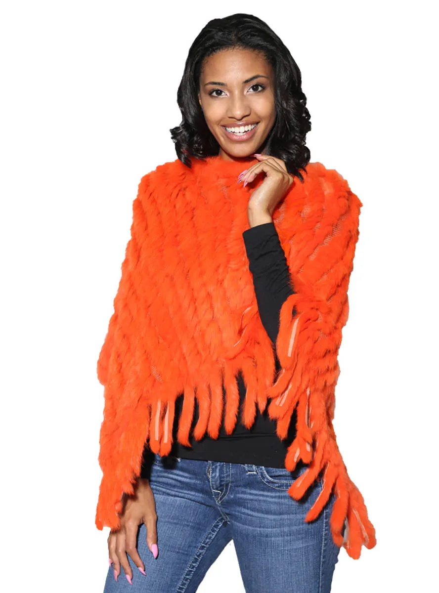 Knitted Rabbit Fur Poncho with Fringe