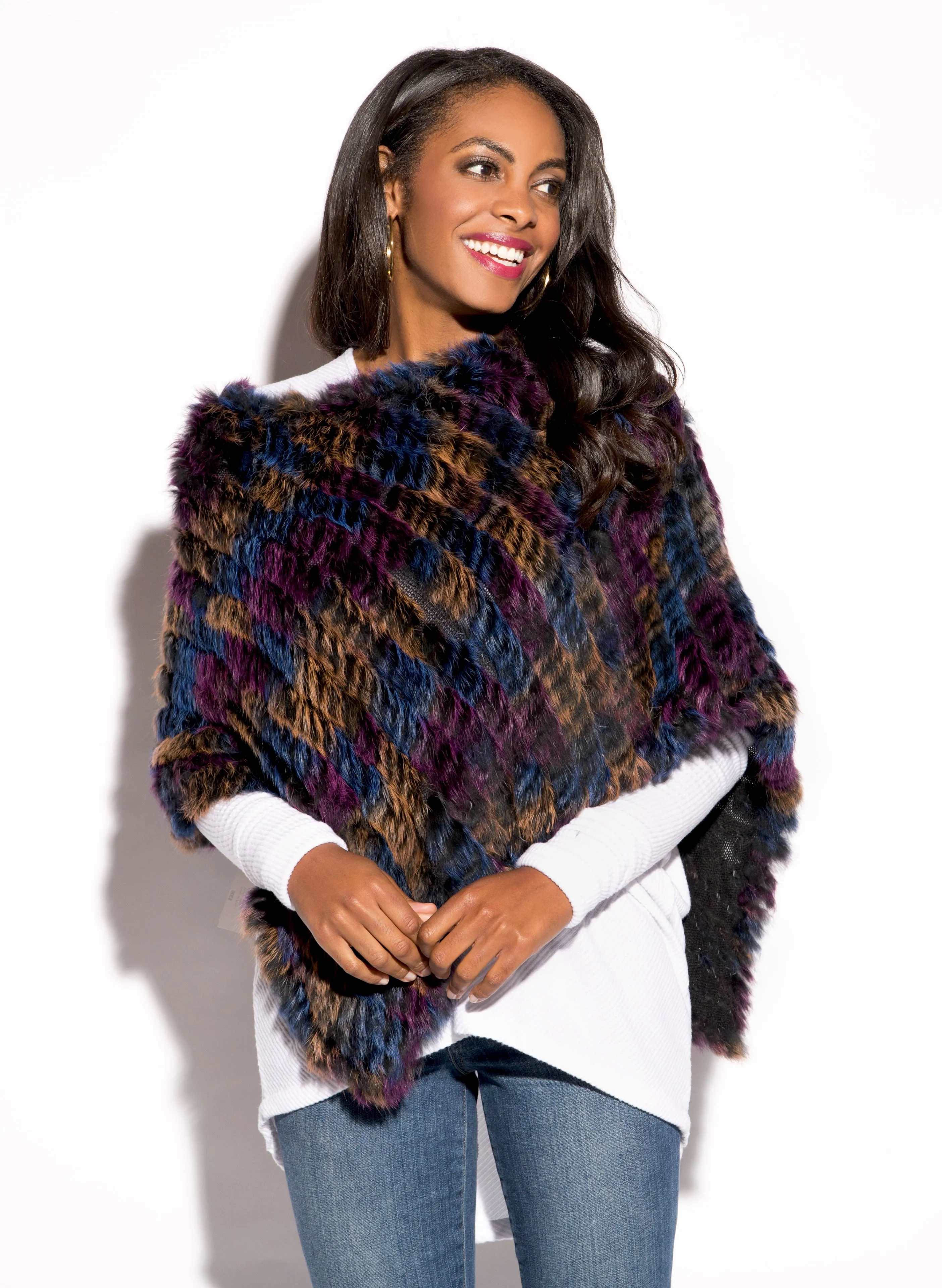 Knitted Rabbit Fur Poncho with Fringe