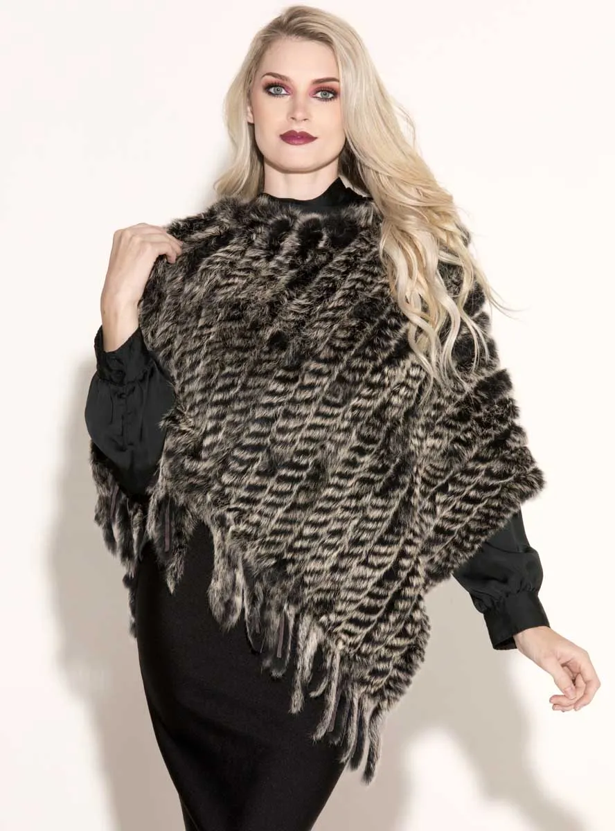 Knitted Rabbit Fur Poncho with Fringe