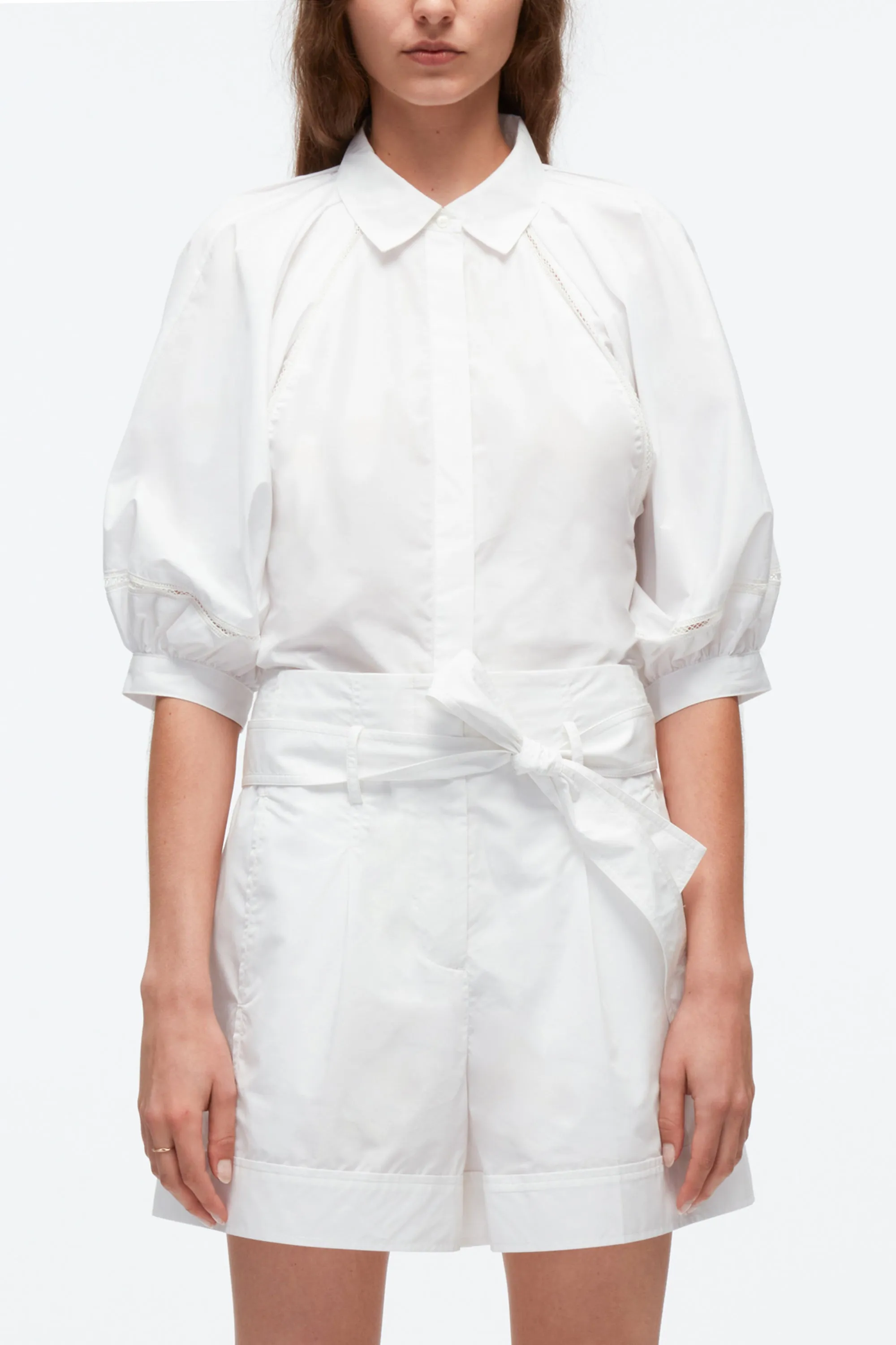 Lantern Sleeve Shirt With Lattice Trim