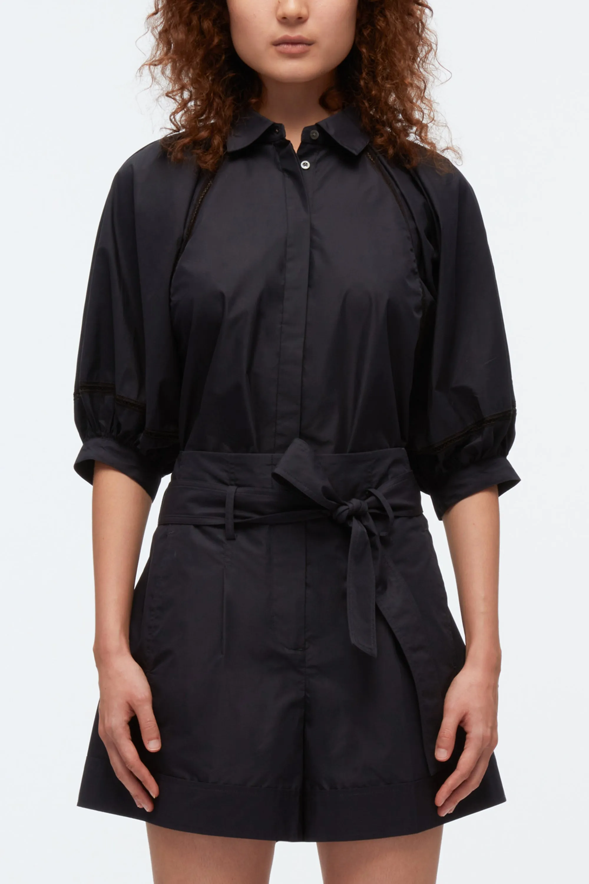 Lantern Sleeve Shirt With Lattice Trim