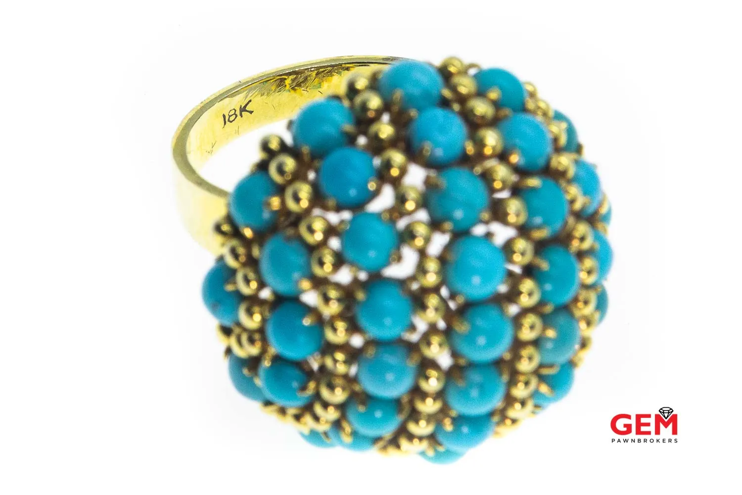 Large Domed Turquoise Beaded Accent Solid 18K 750 Yellow Gold Ring Size 7 3/4