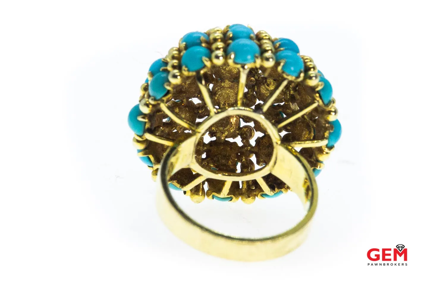 Large Domed Turquoise Beaded Accent Solid 18K 750 Yellow Gold Ring Size 7 3/4