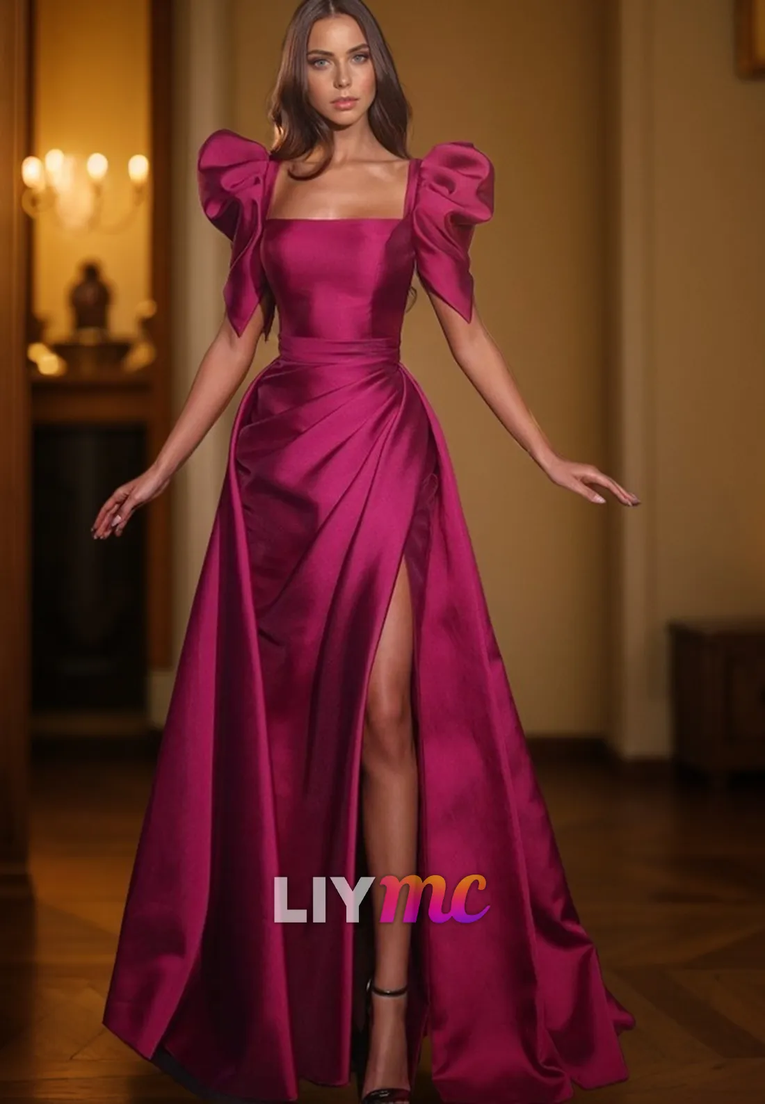 LP2320 - Square Puff Sleeves Pleated Satin High Slit A-Line Prom Dress