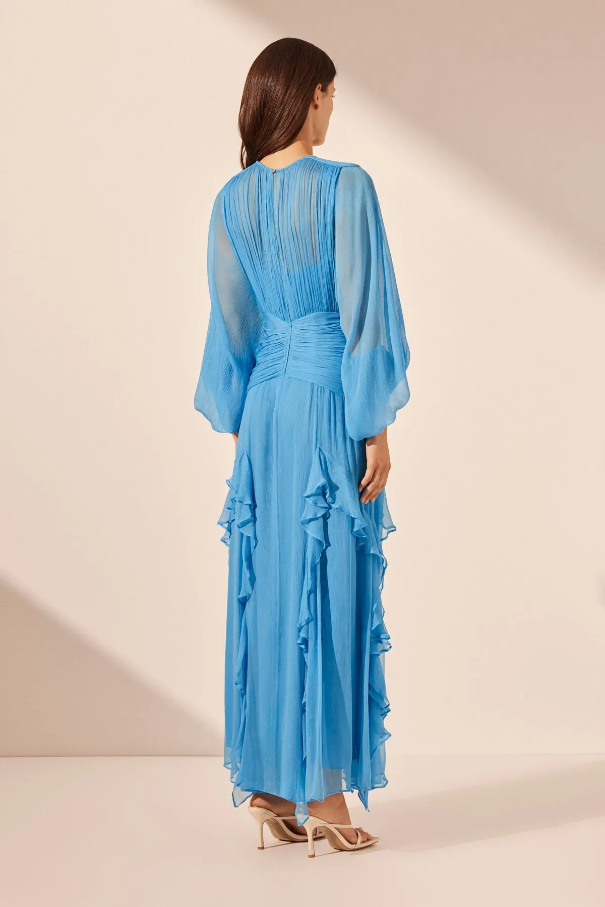 MARGOT ROUND NECK BALLOON SLEEVE MAXI DRESS - AQUA