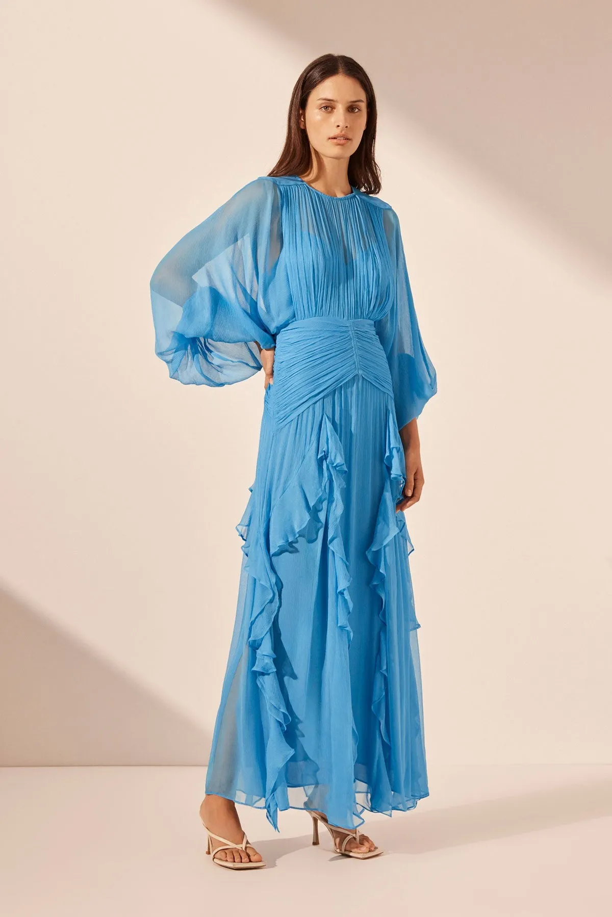 MARGOT ROUND NECK BALLOON SLEEVE MAXI DRESS - AQUA