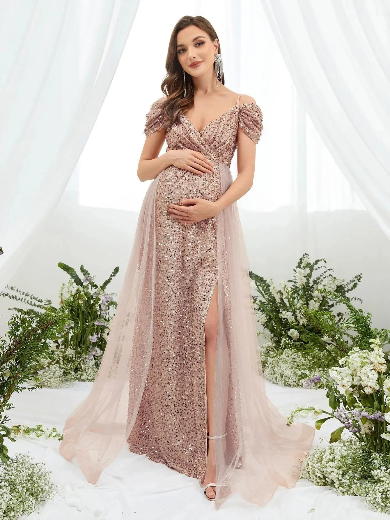 Maternity Cold Shoulder Contrast Mesh Sequin Cami Dress