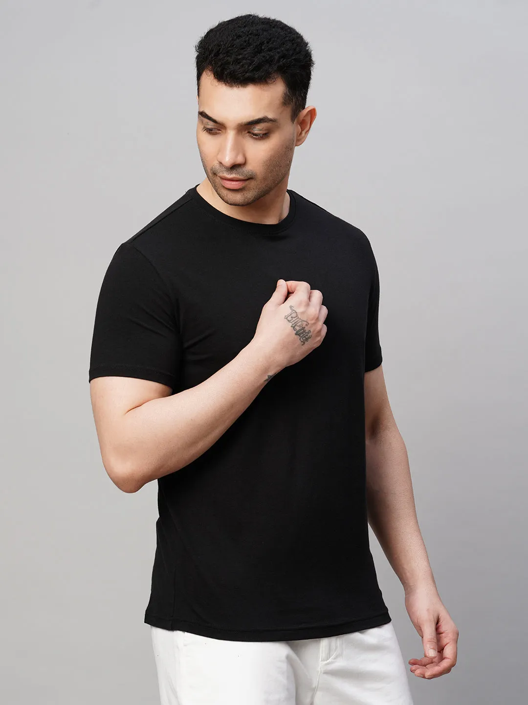 Men's Black Cotton Bamboo Elastane Regular Fit Tshirt