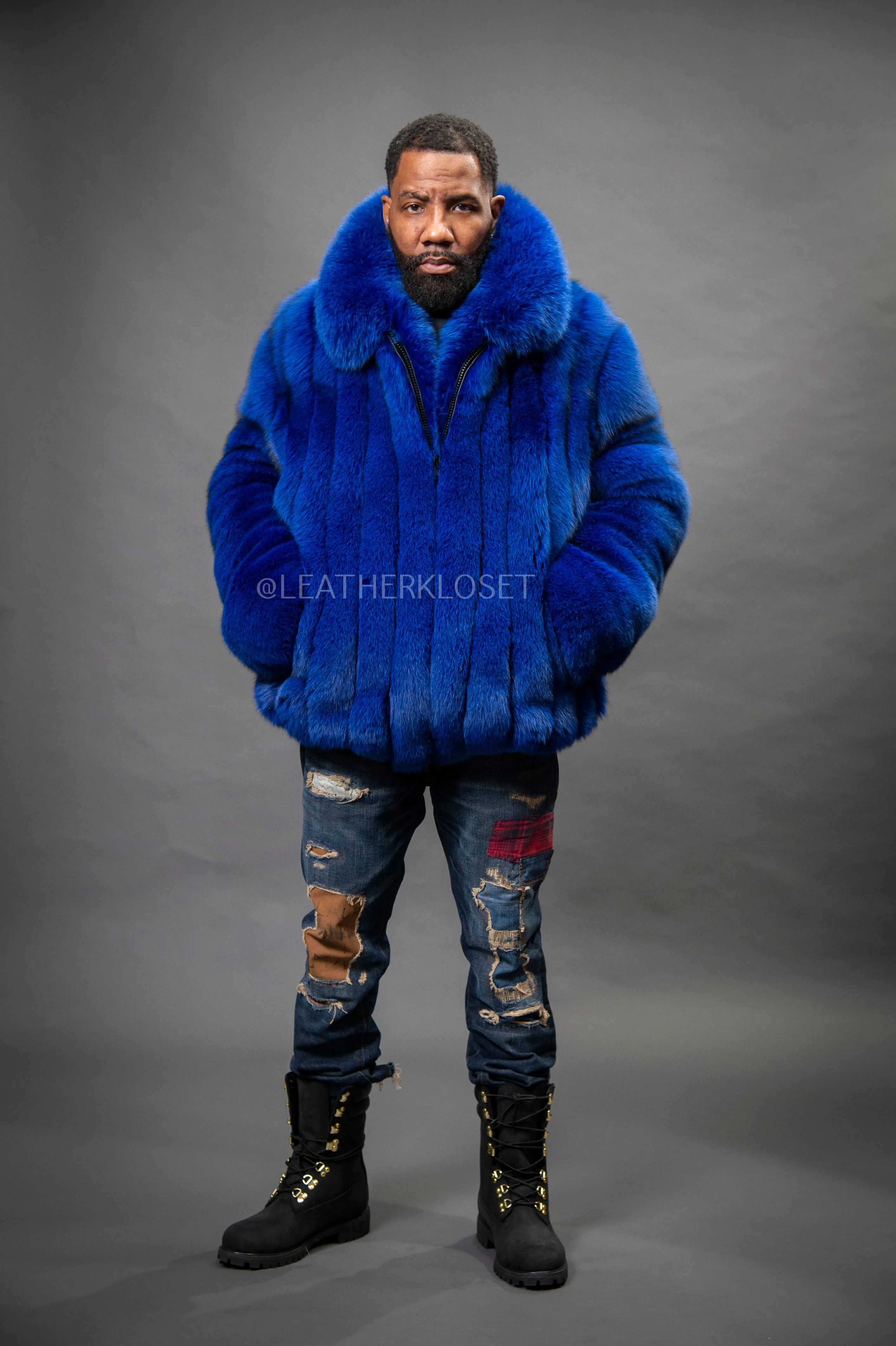 Men's Black Fox Fur Bomber Jacket [Royal Blue]