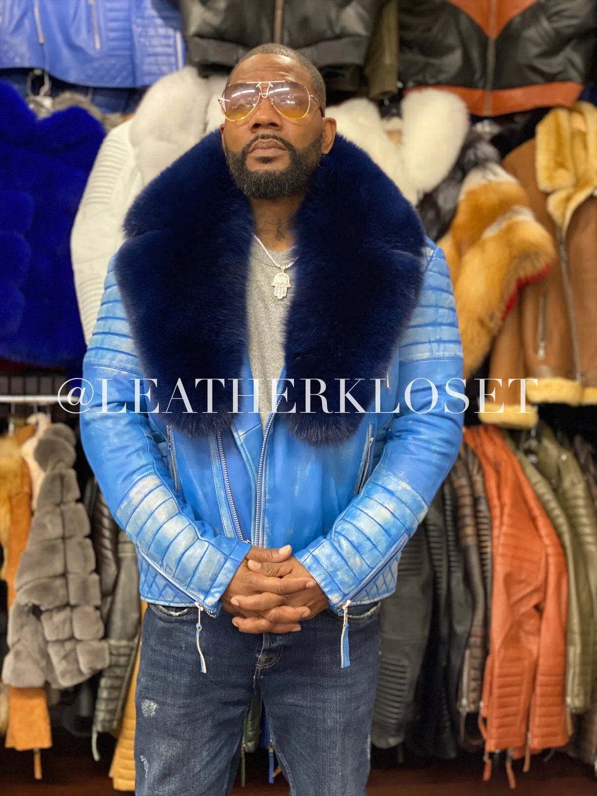 Men's Jay Biker Distressed Blue With Full Fox Fur Collar