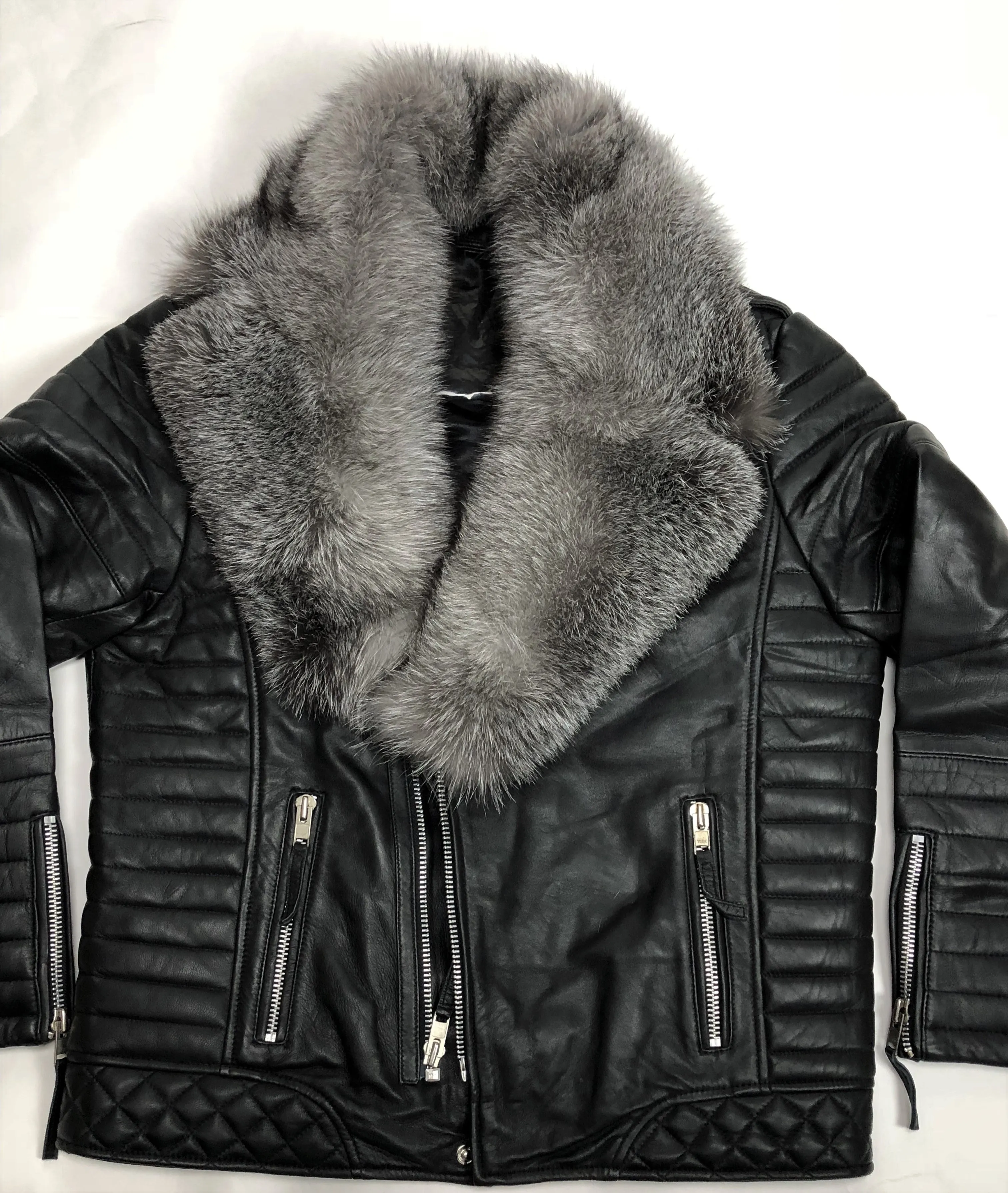 Men's Jay Biker Jacket Black With Full Silver Fox Collar