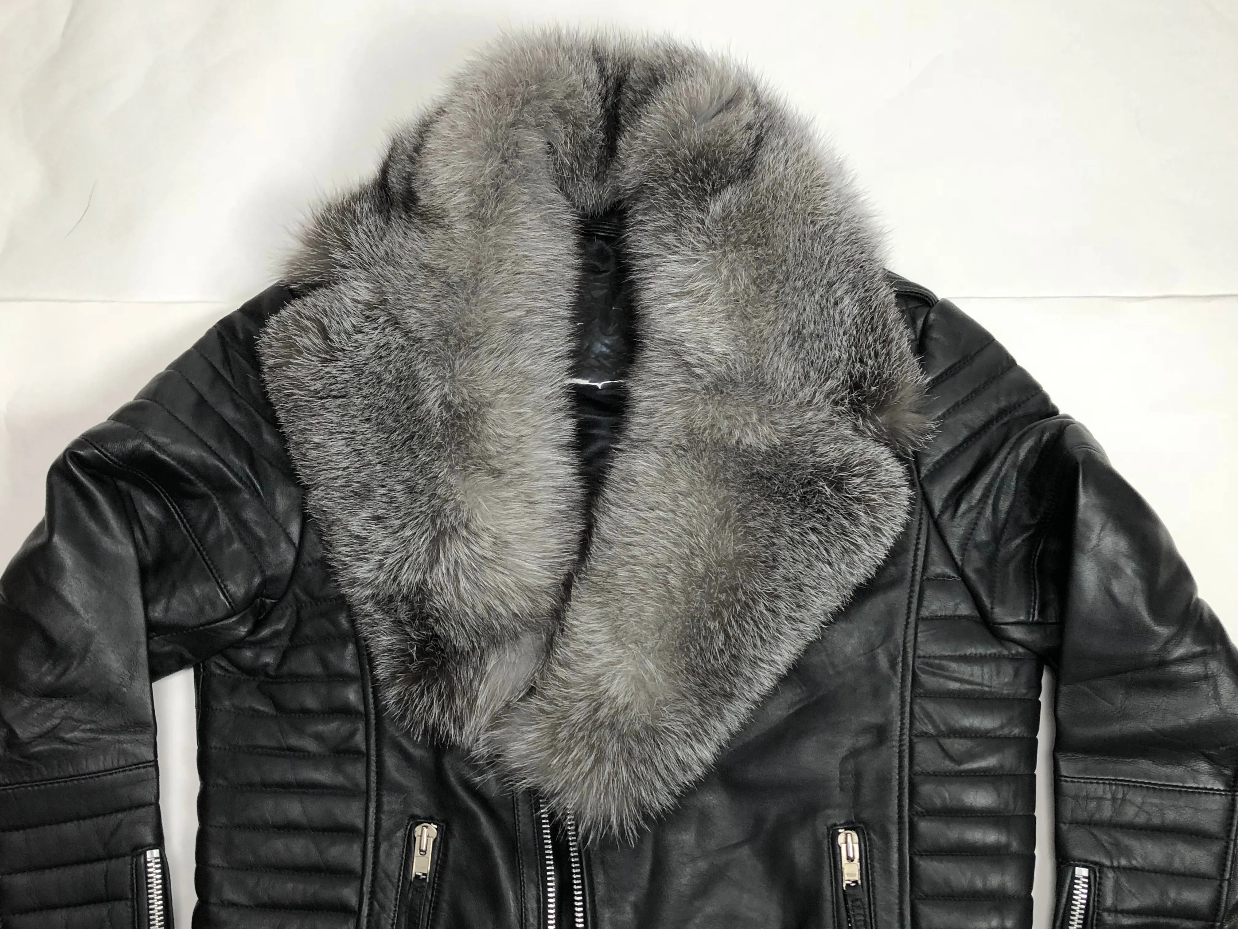 Men's Jay Biker Jacket Black With Full Silver Fox Collar