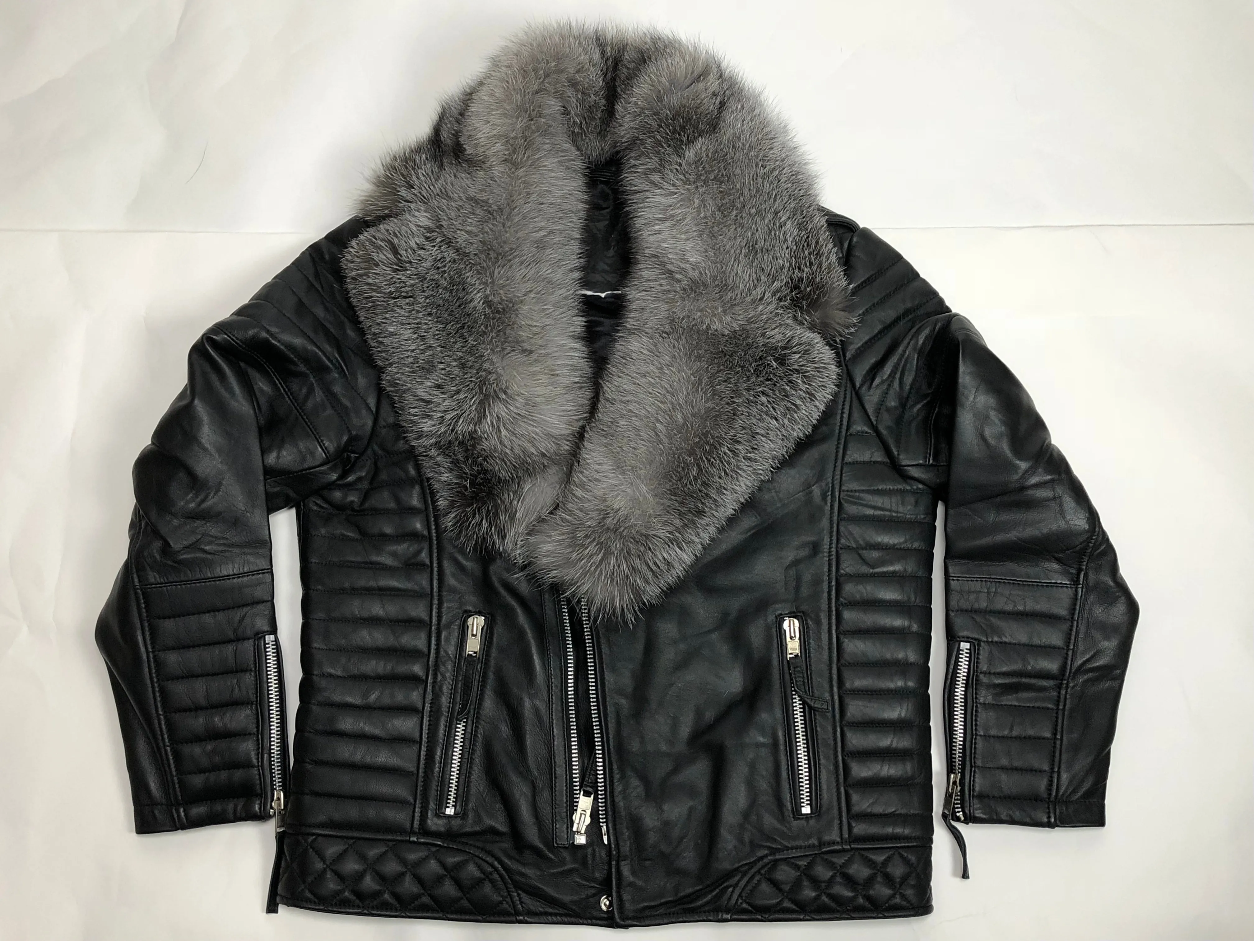 Men's Jay Biker Jacket Black With Full Silver Fox Collar