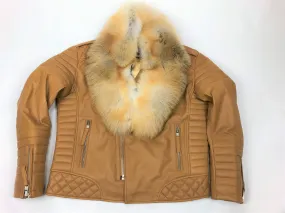 Men's Jay Biker Jacket Honey With Full Red Fox Collar