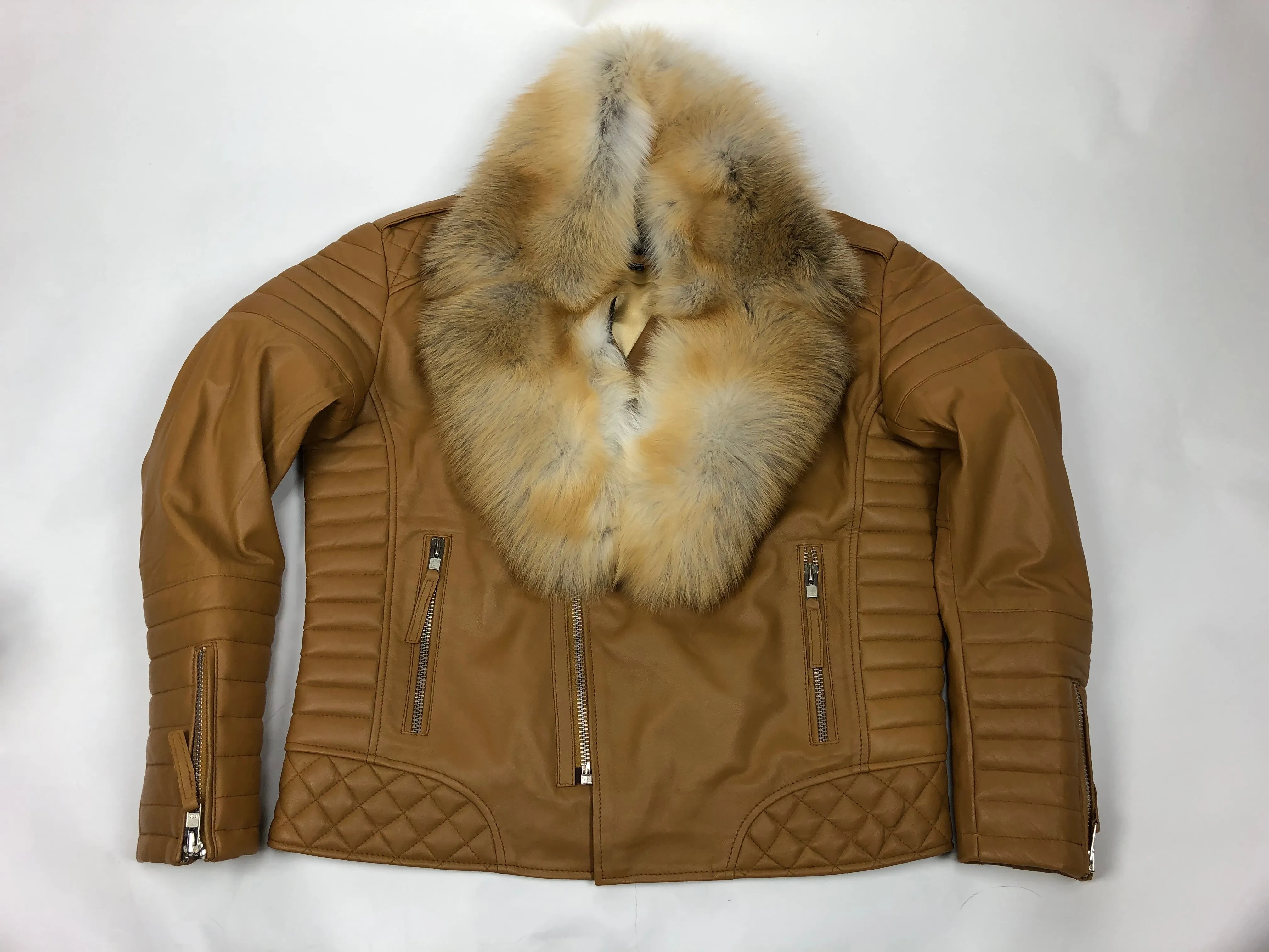 Men's Jay Biker Jacket Honey With Full Red Fox Collar