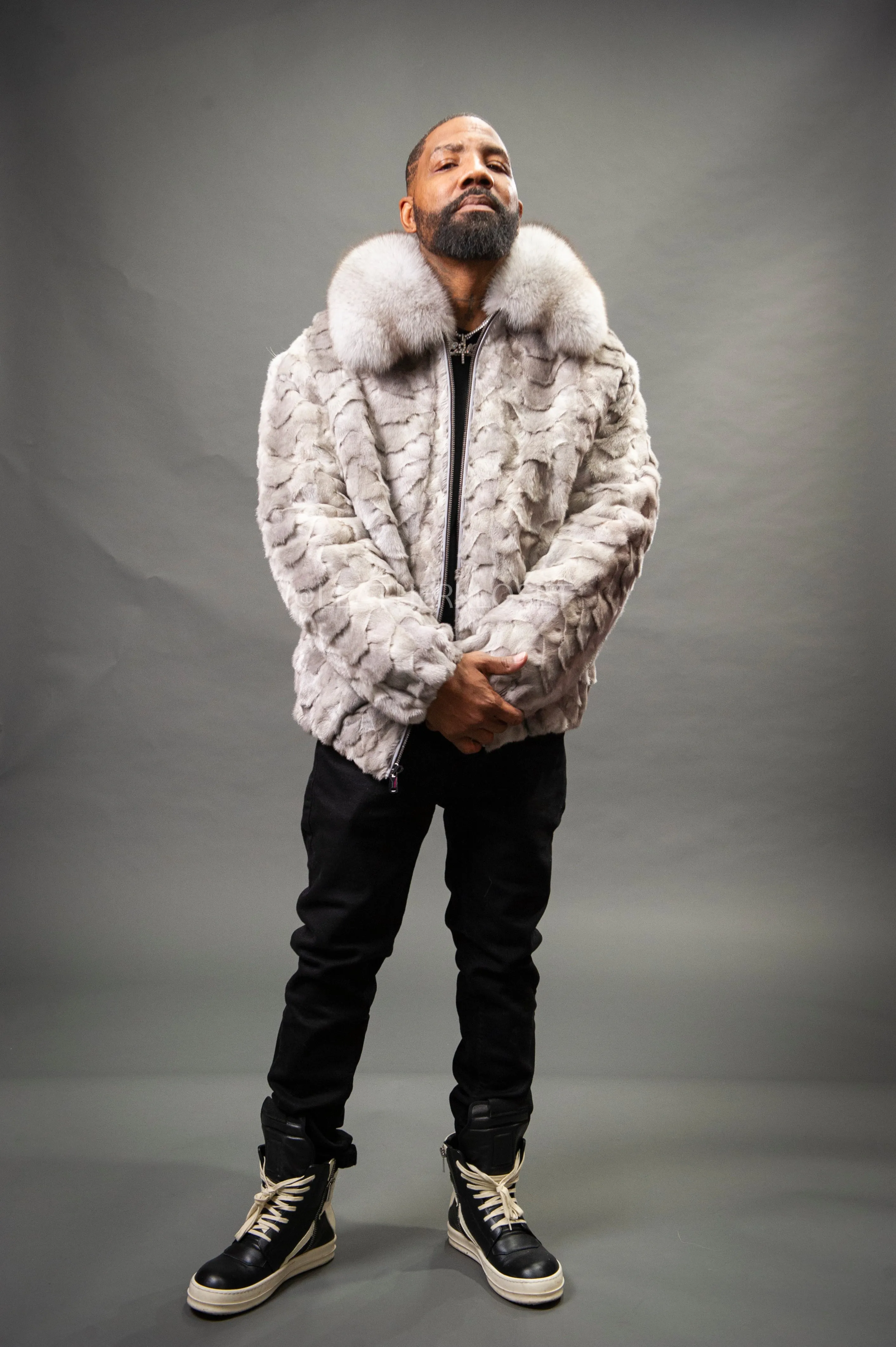 Men's Mink with Fox Fur Bomber Jacket [Gray]