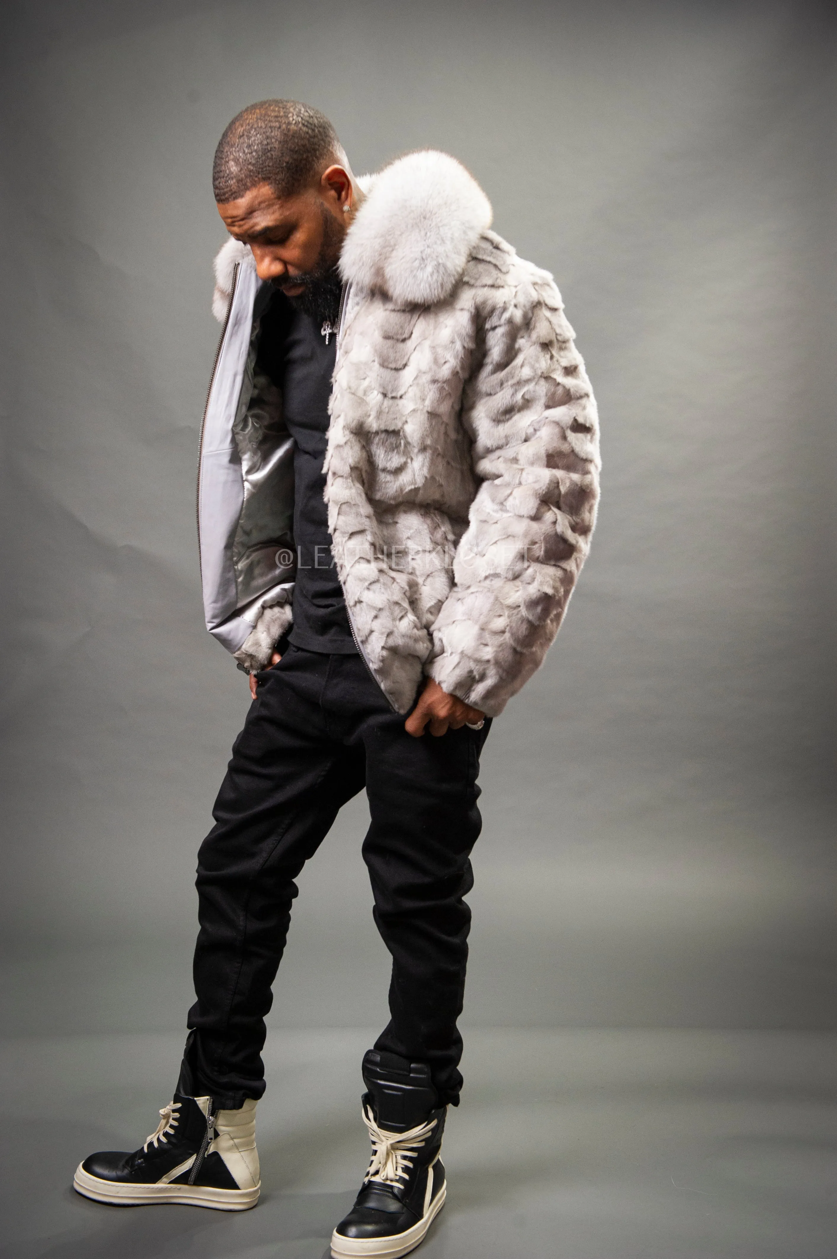 Men's Mink with Fox Fur Bomber Jacket [Gray]