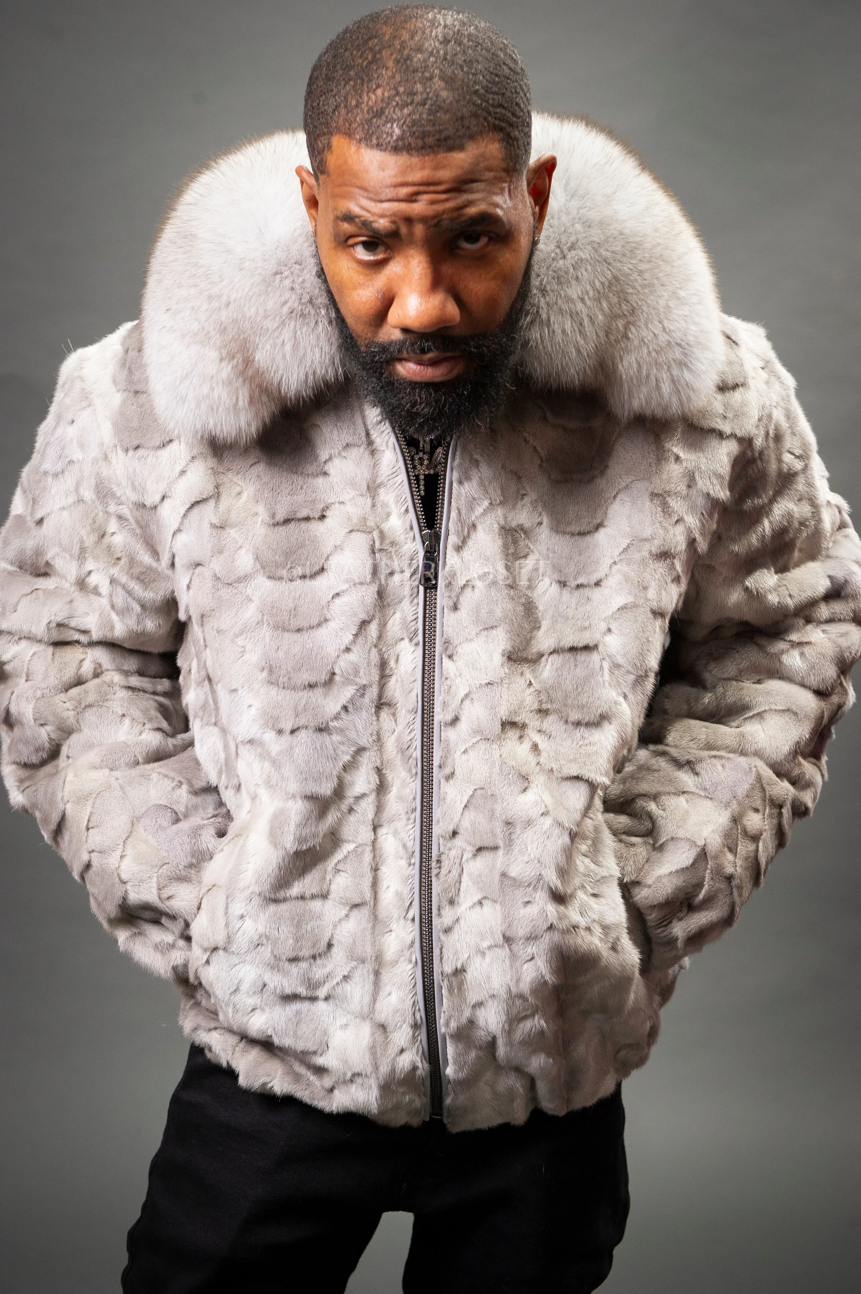 Men's Mink with Fox Fur Bomber Jacket [Gray]