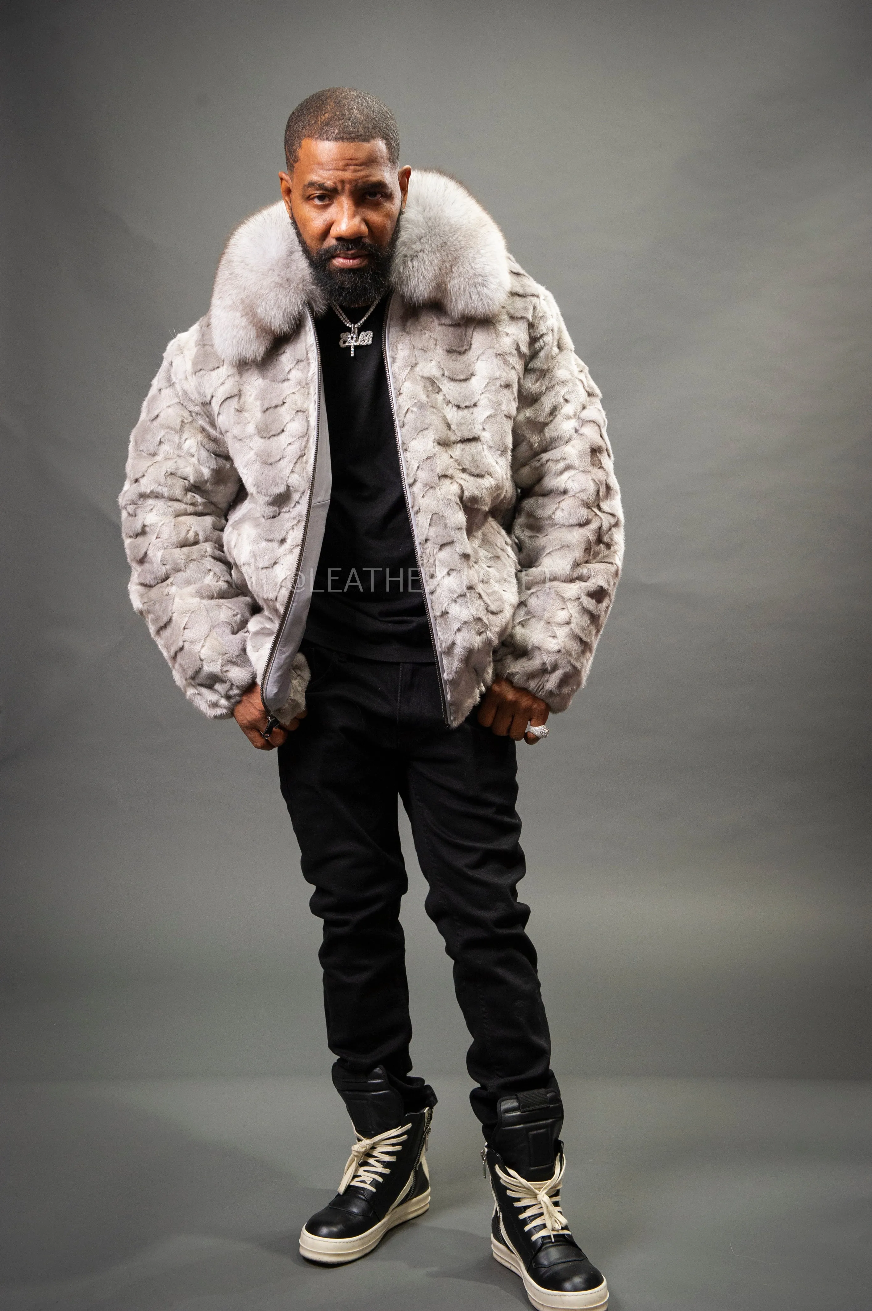 Men's Mink with Fox Fur Bomber Jacket [Gray]