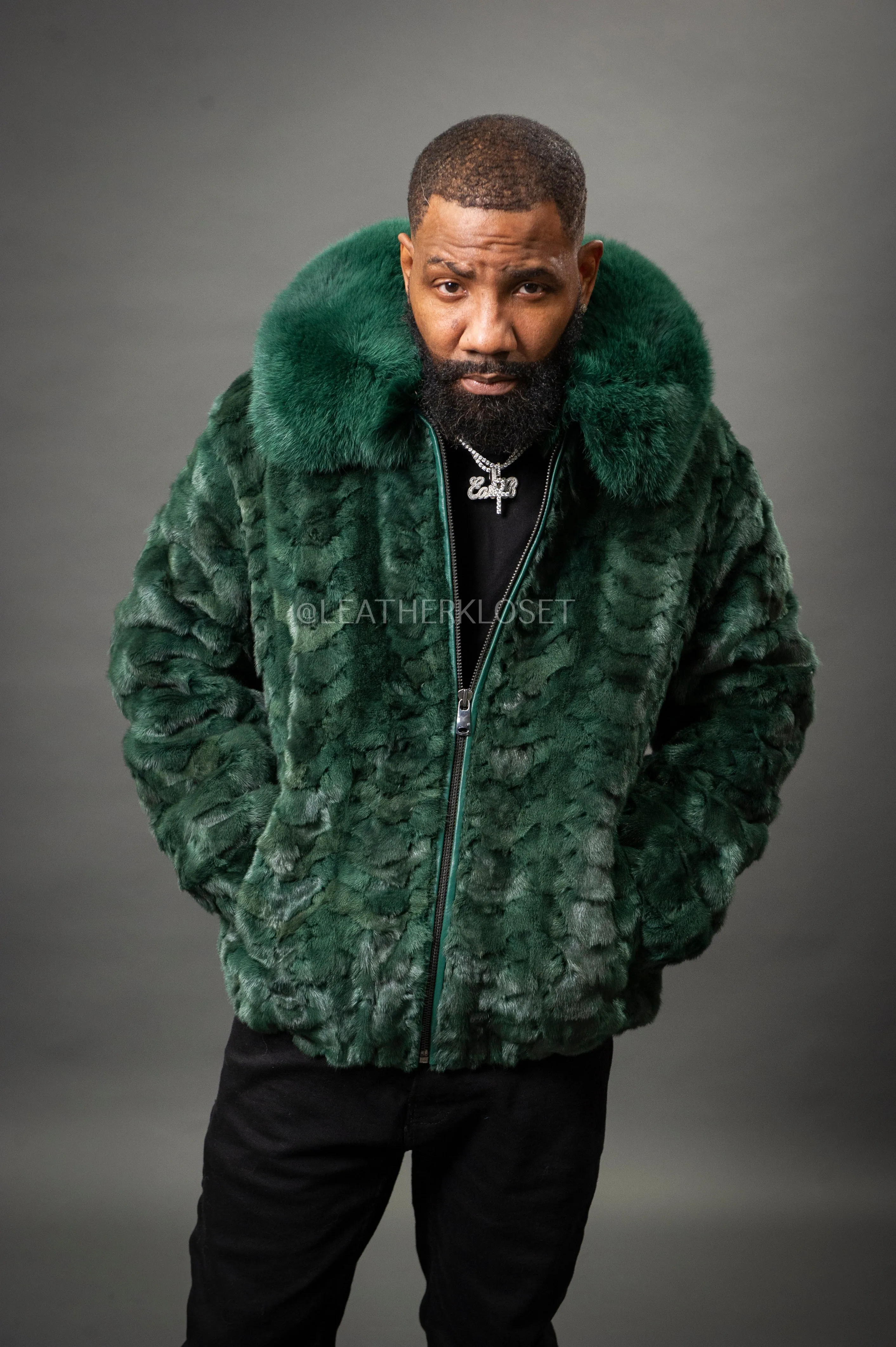 Men's Mink with Fox Fur Bomber Jacket [Green]