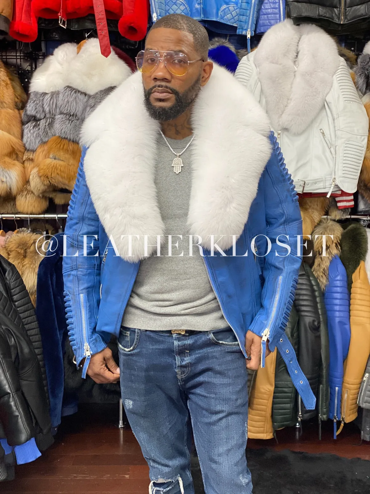 Men's Trey Biker Denim Leather Full Fox Fur Collar