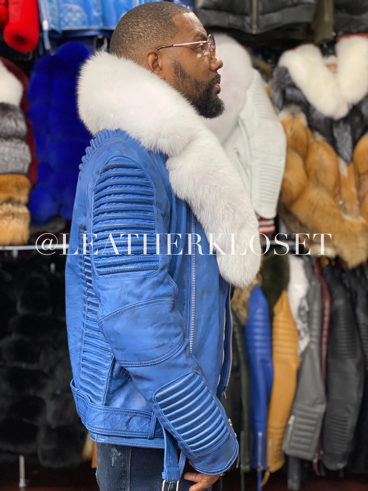 Men's Trey Biker Denim Leather Full Fox Fur Collar