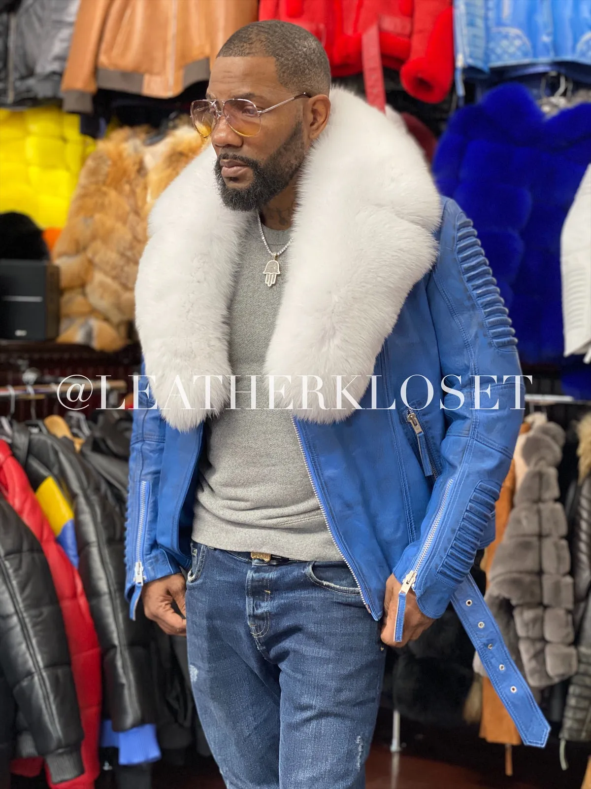 Men's Trey Biker Denim Leather Full Fox Fur Collar