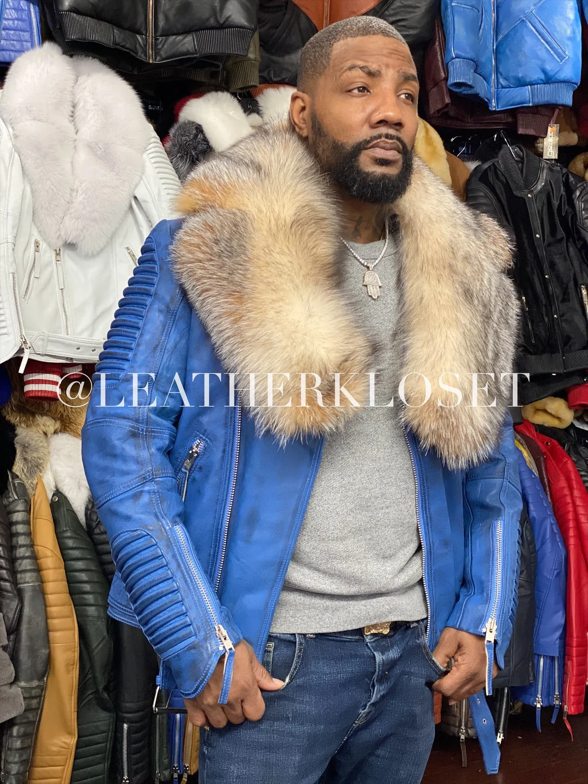 Men's Trey Biker Denim Leather Full Fox Fur Collar