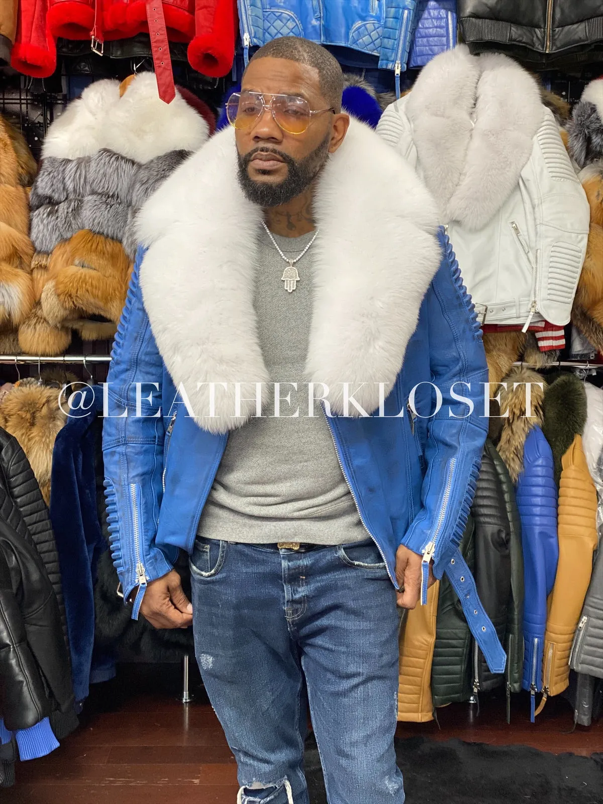 Men's Trey Biker Denim Leather Full Fox Fur Collar