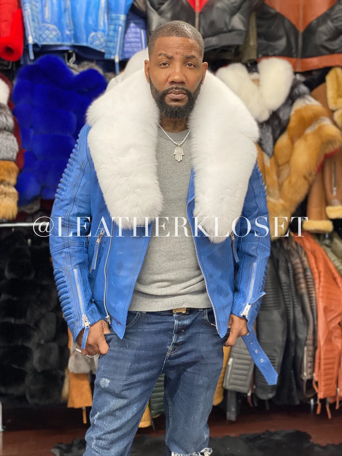 Men's Trey Biker Denim Leather Full Fox Fur Collar