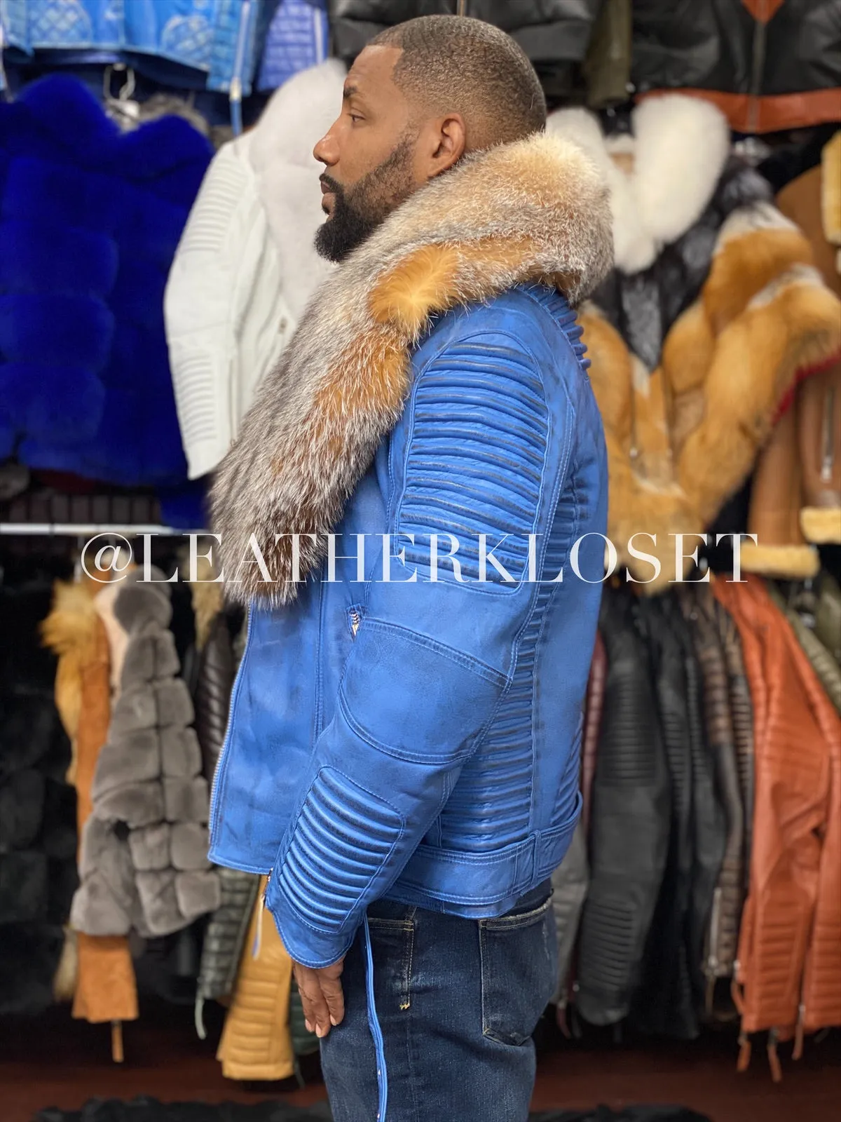 Men's Trey Biker Denim Leather Full Fox Fur Collar