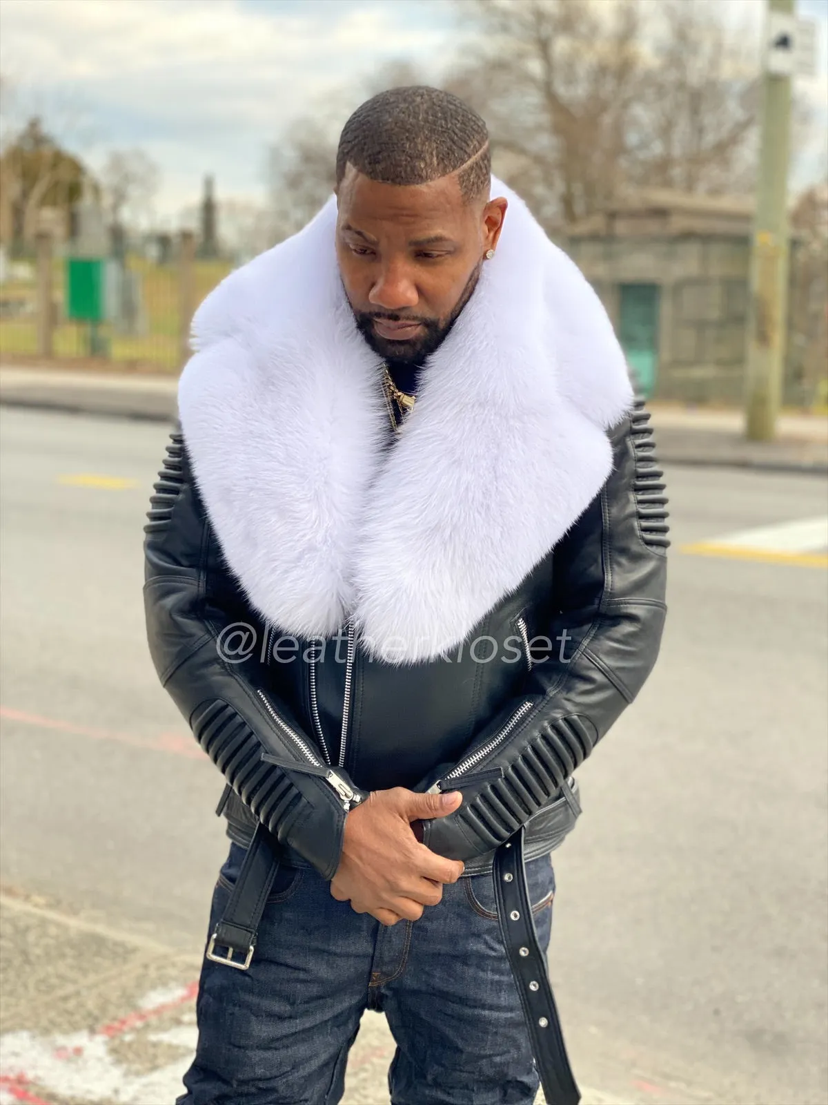 Men's Trey Biker Full Fox Fur Collar [Pure White Fox]