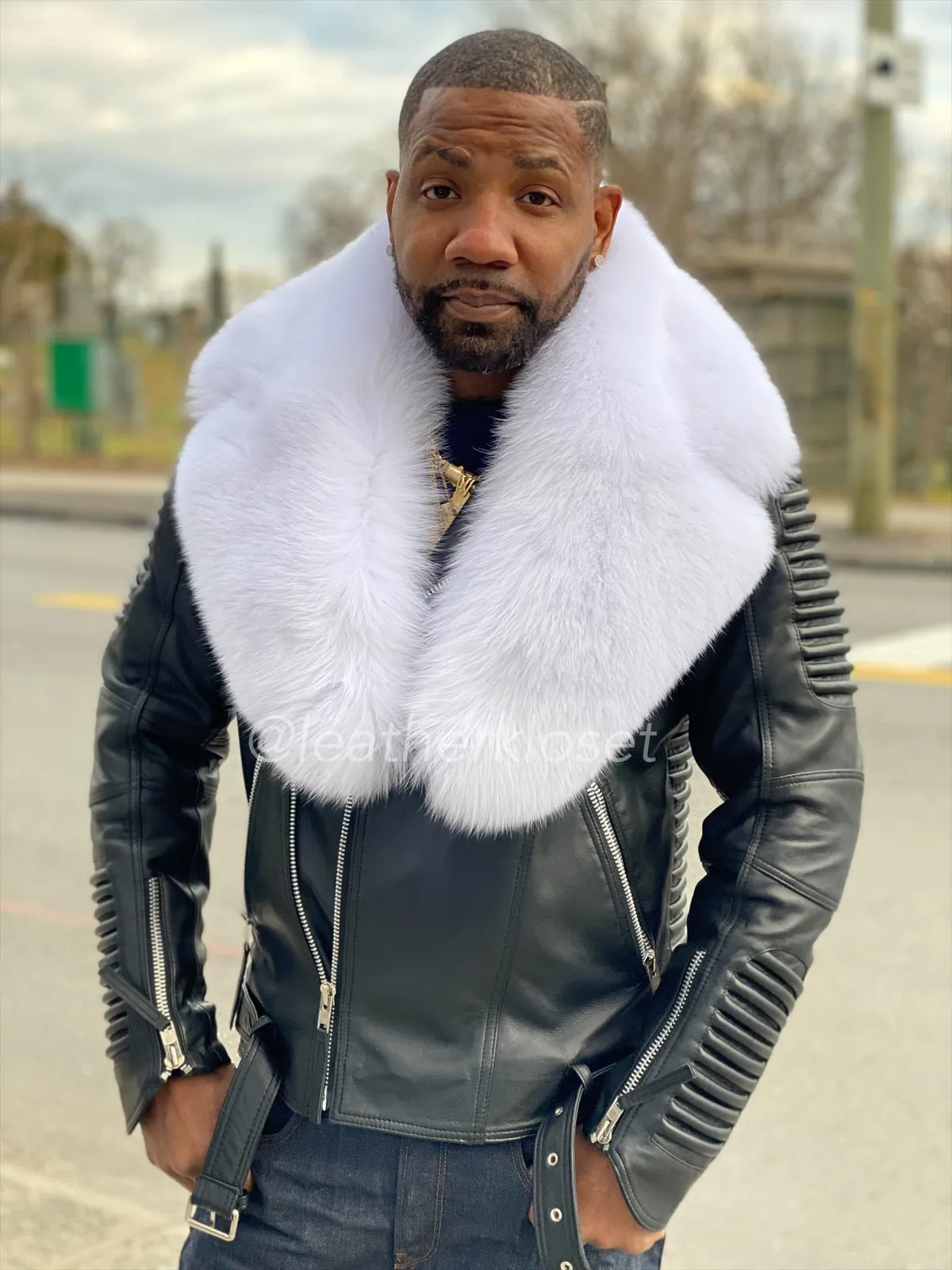 Men's Trey Biker Full Fox Fur Collar [Pure White Fox]