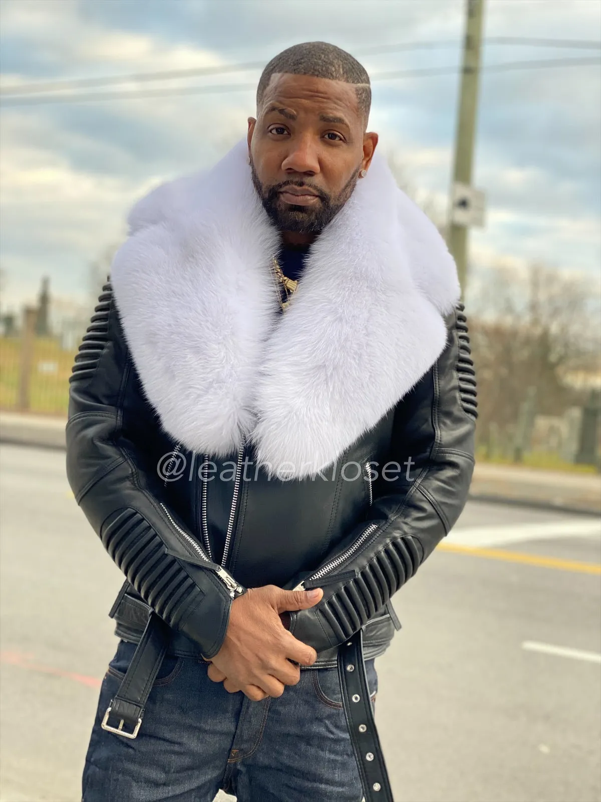 Men's Trey Biker Full Fox Fur Collar [Pure White Fox]