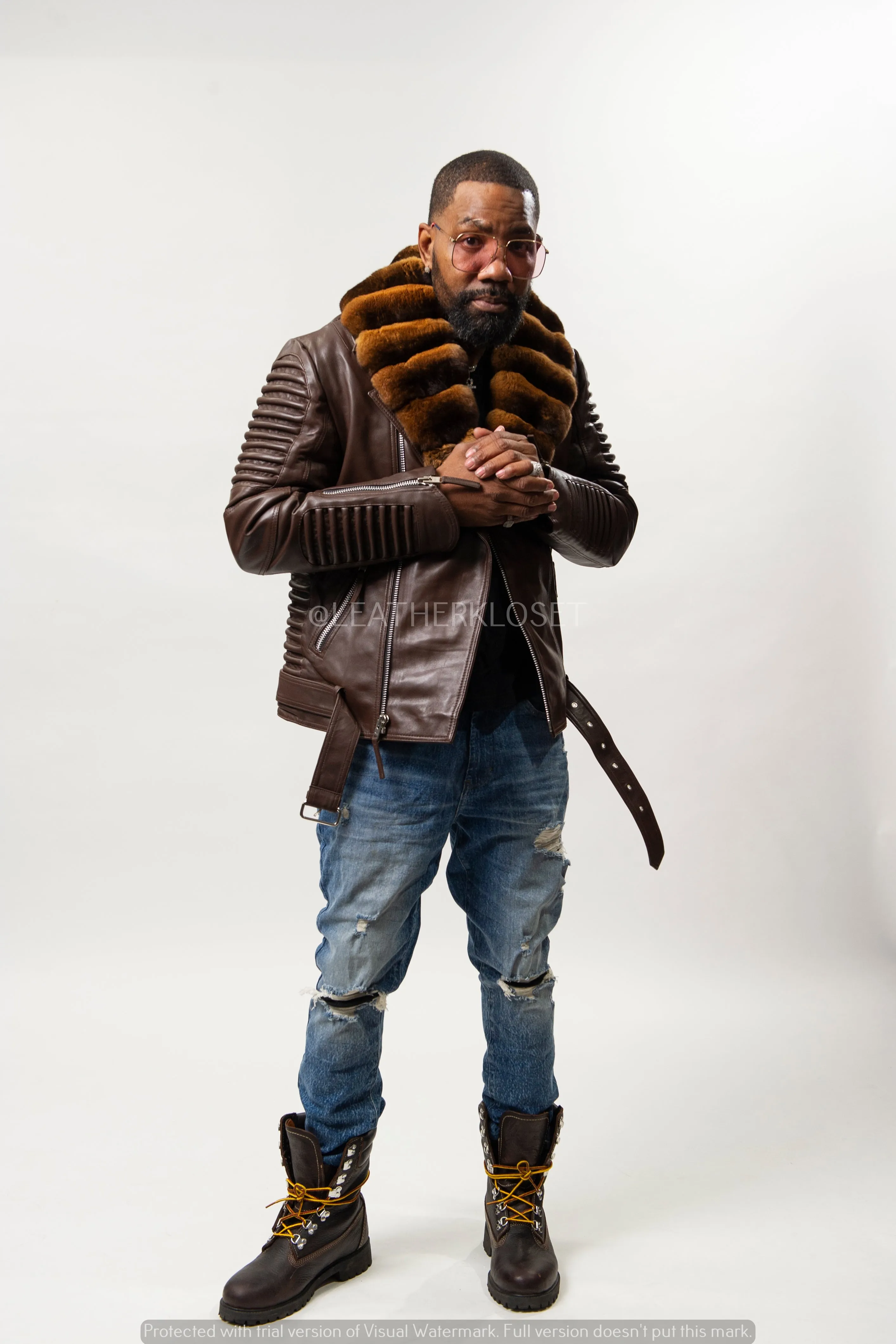 Men's Trey Biker With Real Chinchilla Fur Collar [Brown Chinchilla]