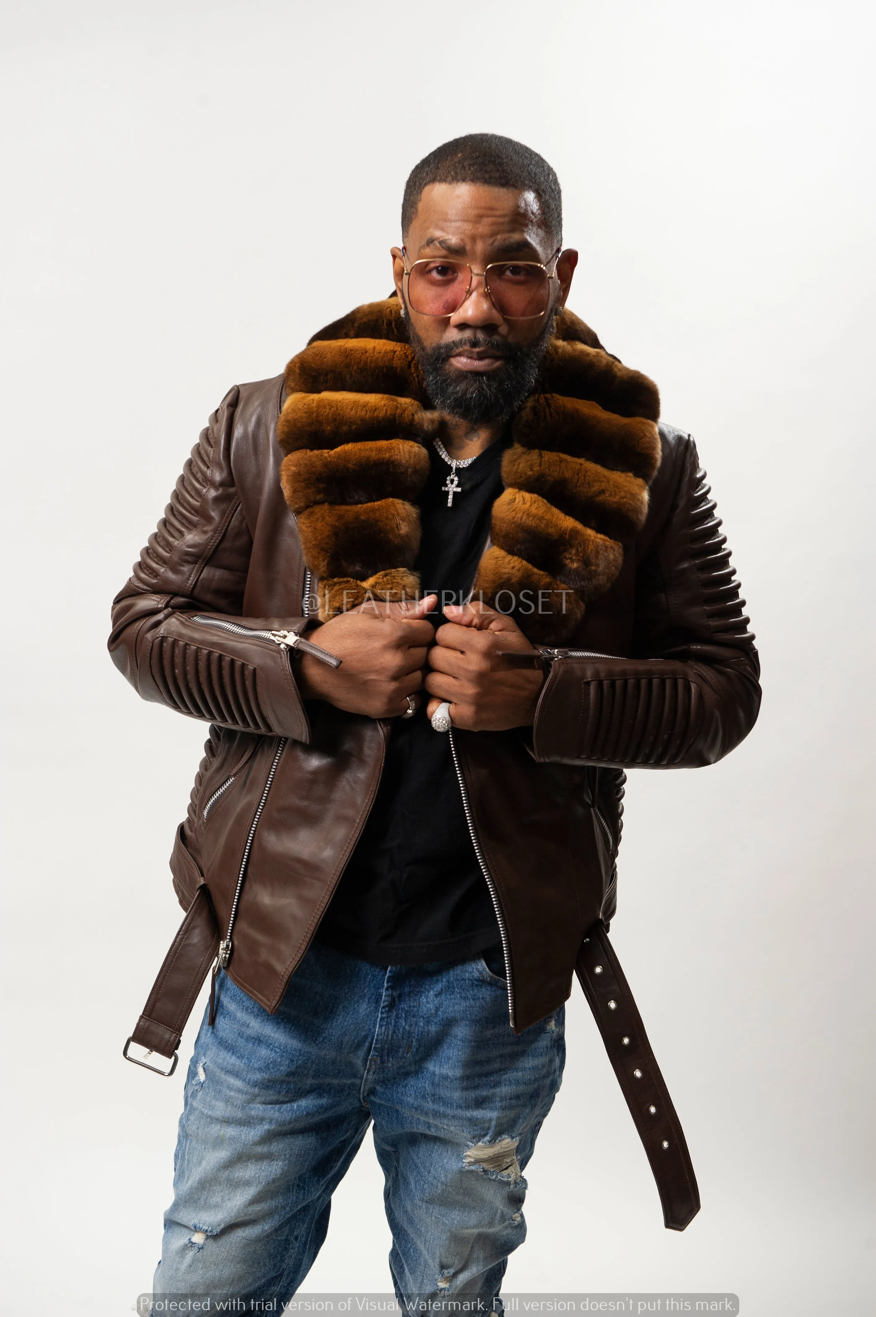 Men's Trey Biker With Real Chinchilla Fur Collar [Brown Chinchilla]