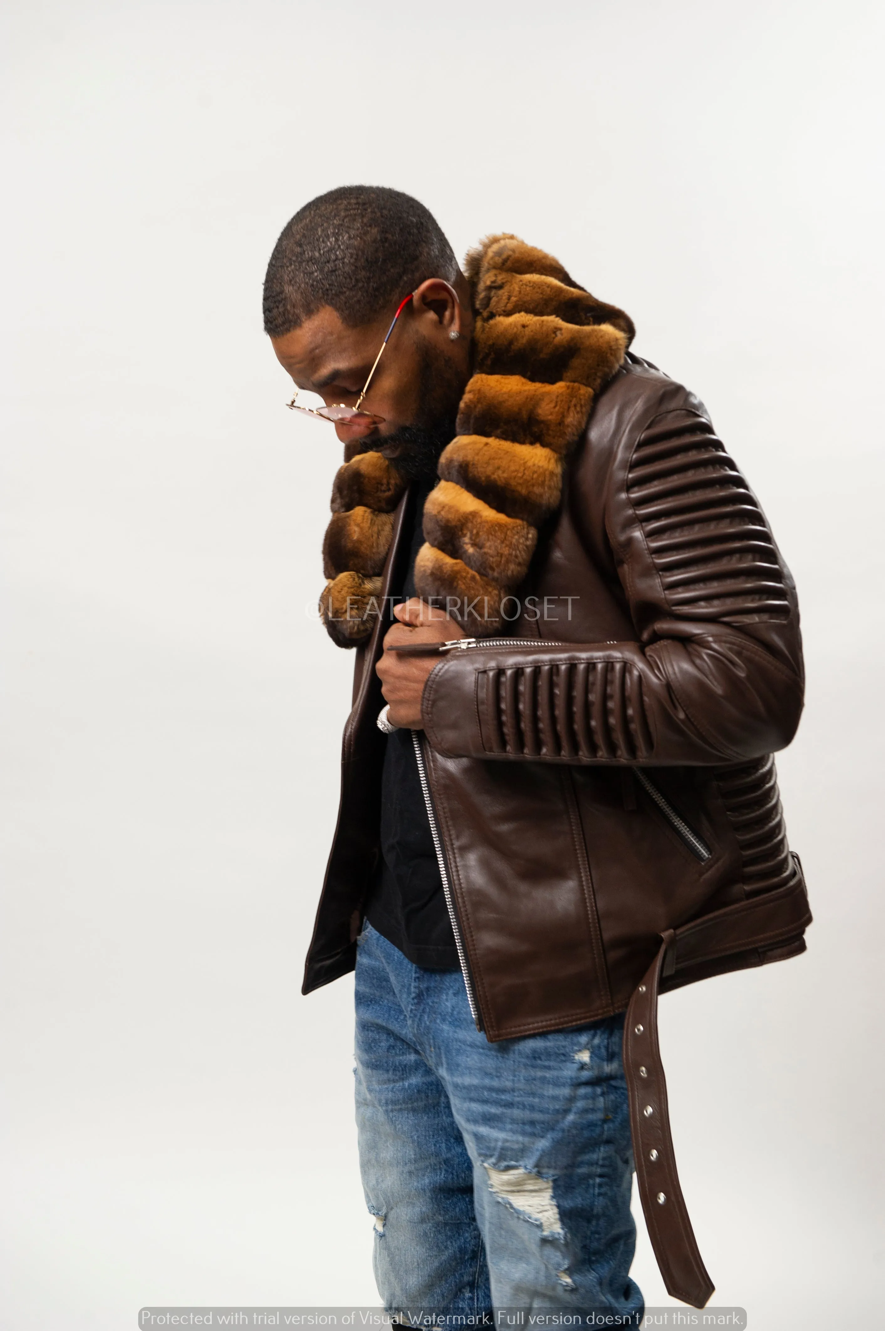 Men's Trey Biker With Real Chinchilla Fur Collar [Brown Chinchilla]