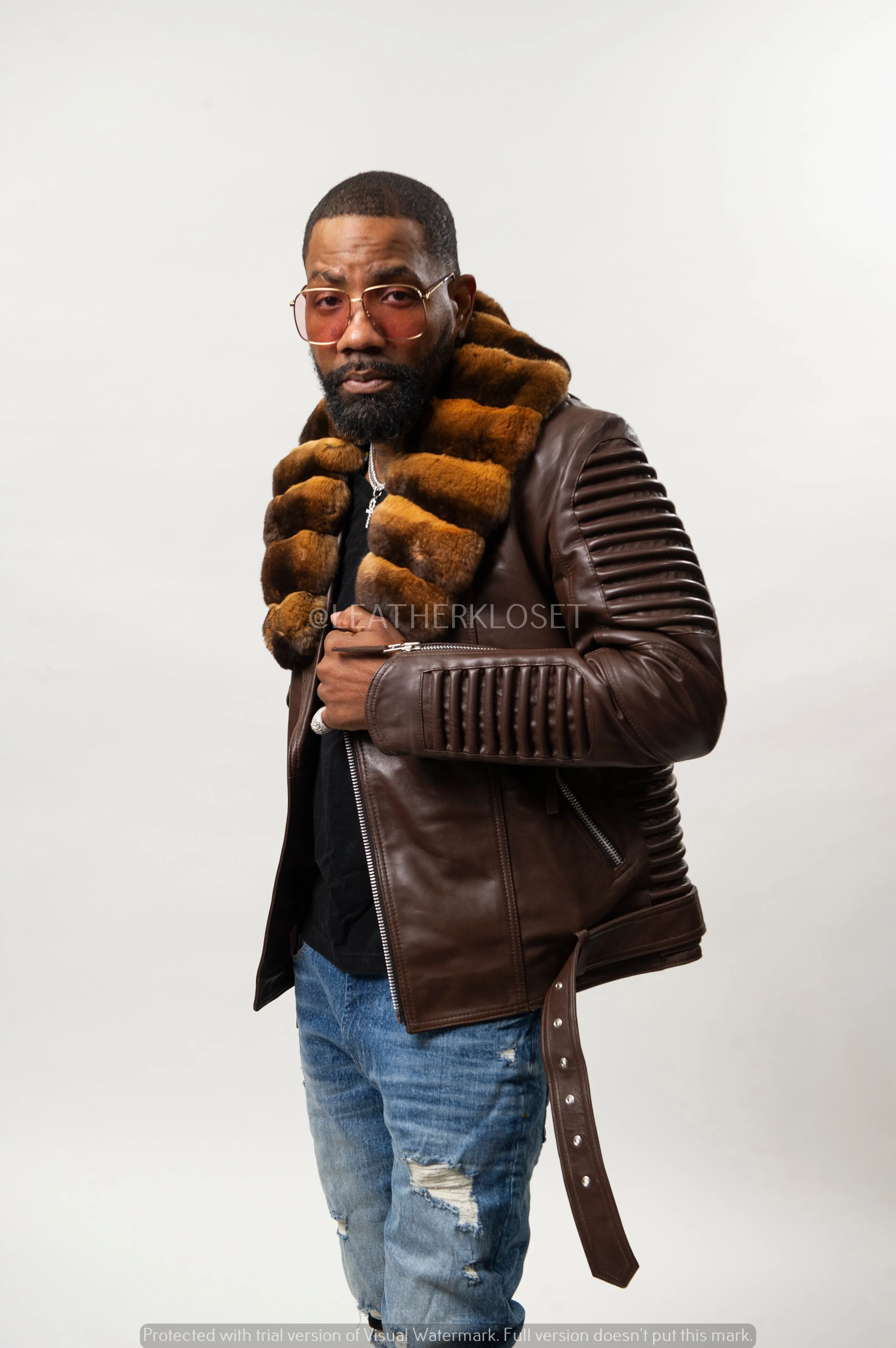 Men's Trey Biker With Real Chinchilla Fur Collar [Brown Chinchilla]