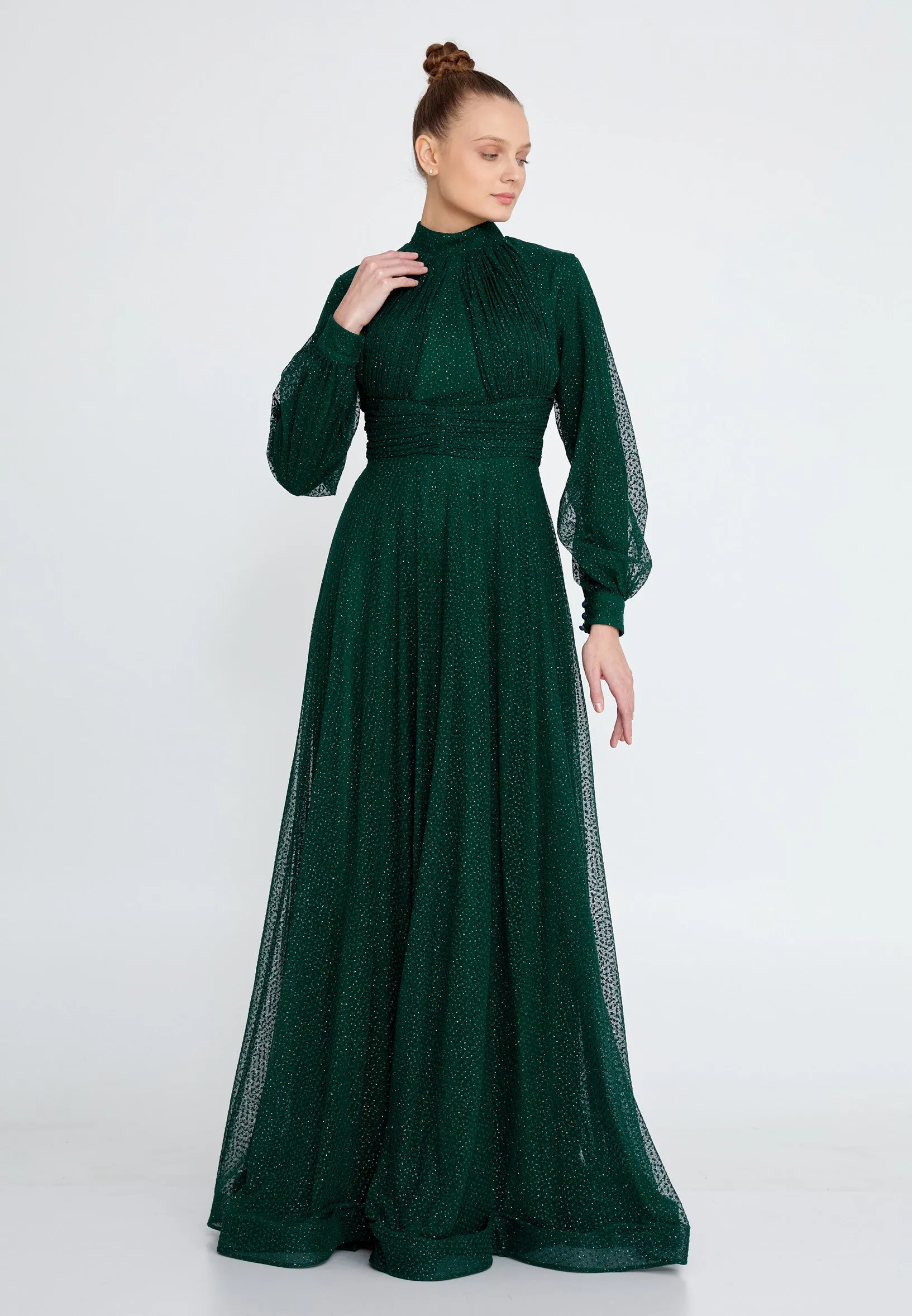 Modest Long Sleeve Chiffon Glitter Long Dress - Emerald