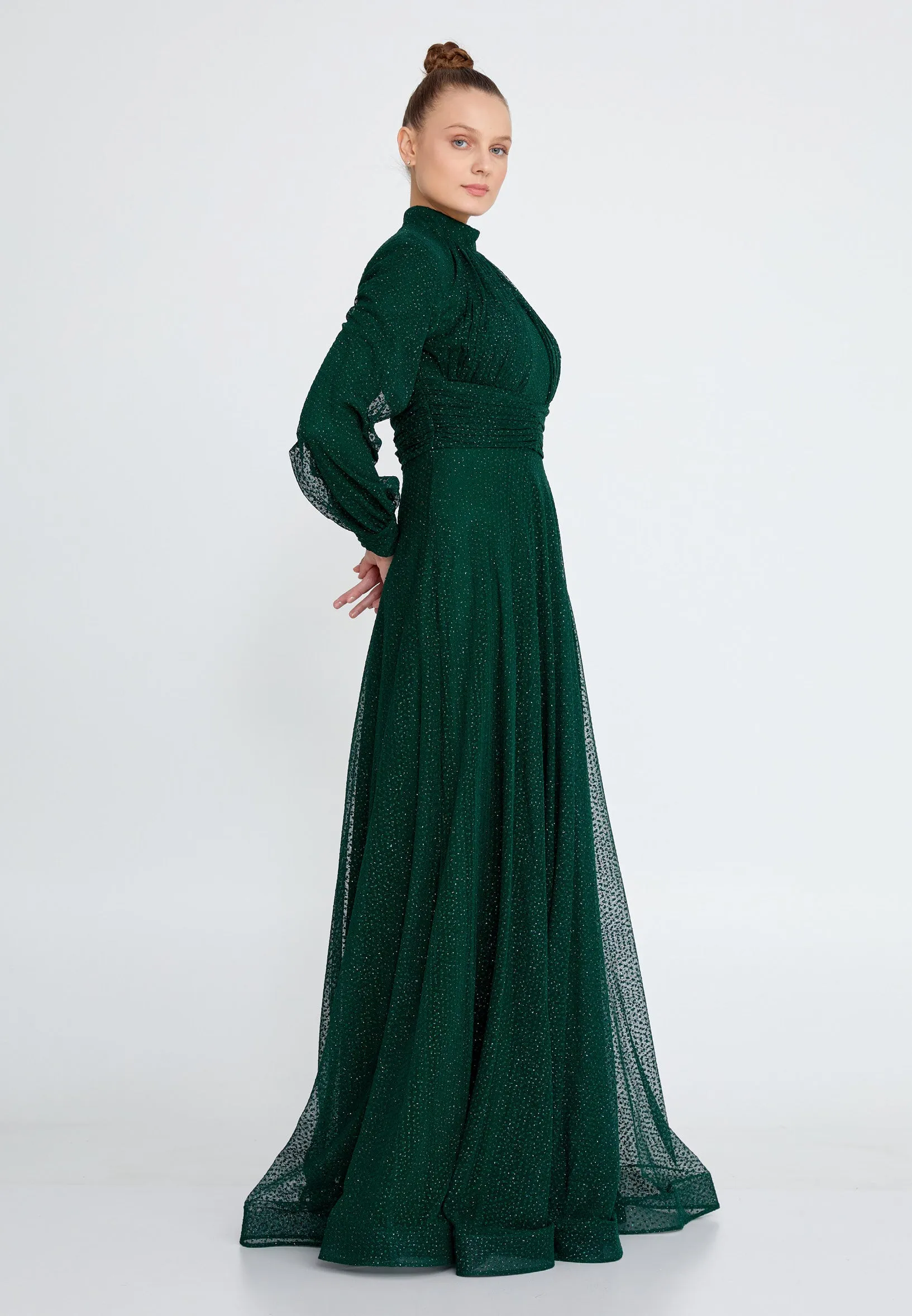 Modest Long Sleeve Chiffon Glitter Long Dress - Emerald