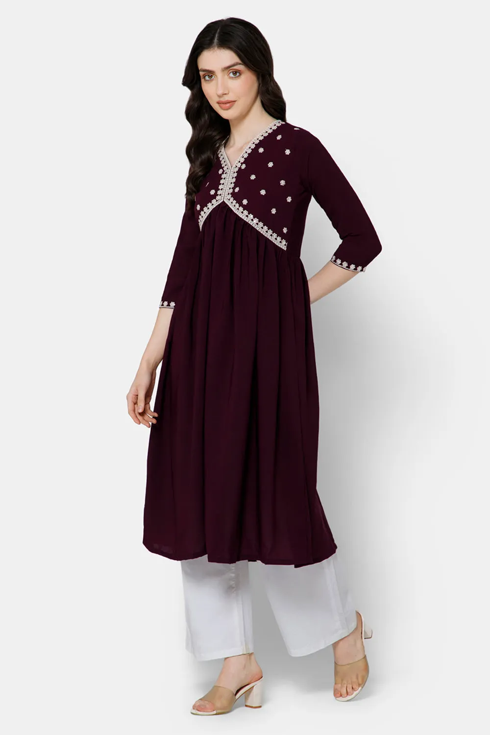 Mythri Women's Ethnic wear Kurthi with Elaborately Embroidered Neckline - Violet - E066