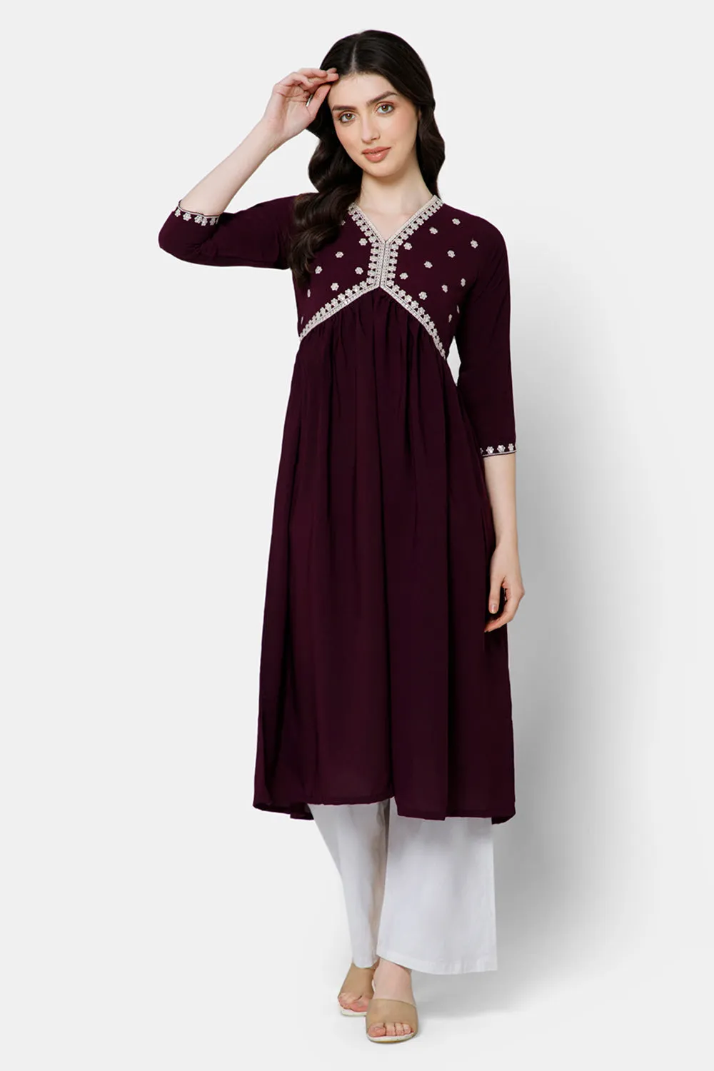 Mythri Women's Ethnic wear Kurthi with Elaborately Embroidered Neckline - Violet - E066