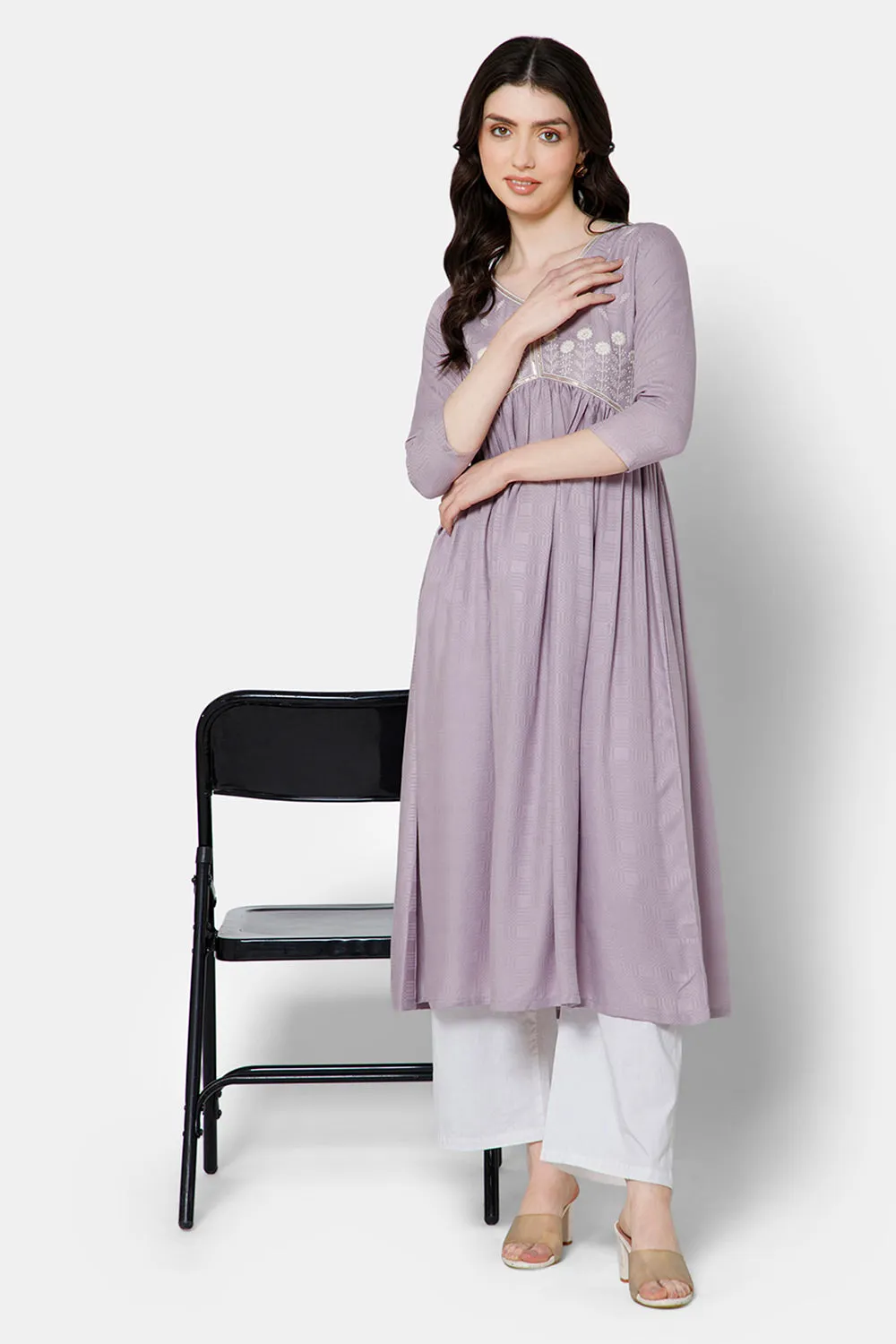 Mythri Women's Ethnic wear Kurthi with Elegant Lace Attachement At The Neckline - Purple - E079