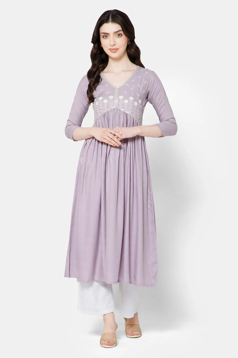 Mythri Women's Ethnic wear Kurthi with Elegant Lace Attachement At The Neckline - Purple - E079